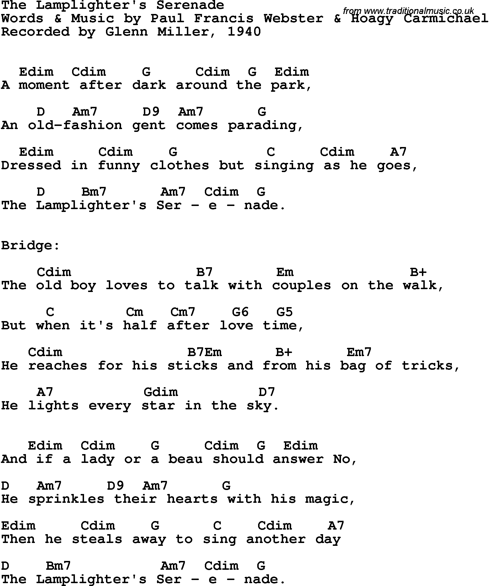 Song Lyrics with guitar chords for Lamplighter's Serenade, The - Glenn Miller, 1940