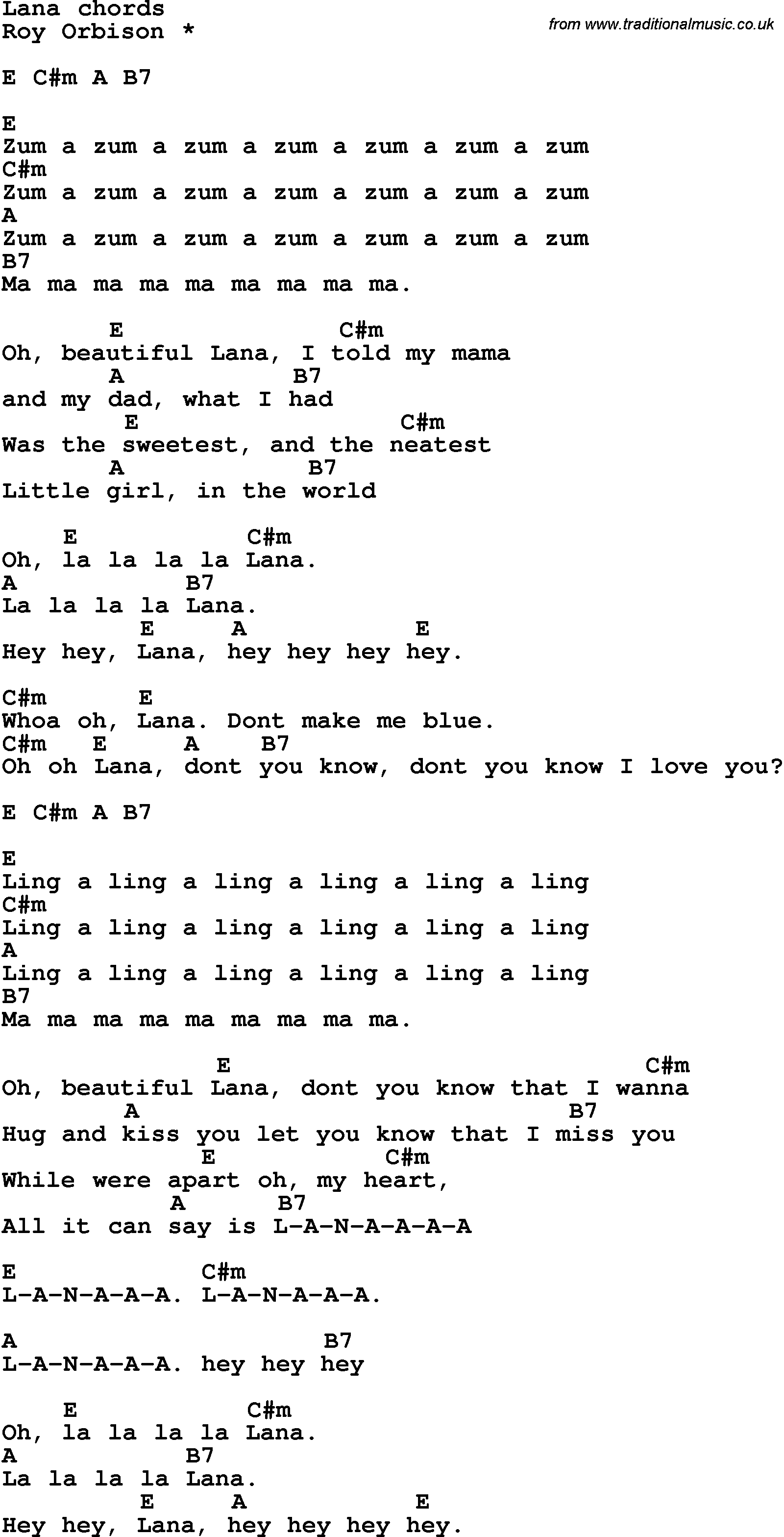 Song Lyrics with guitar chords for Lana