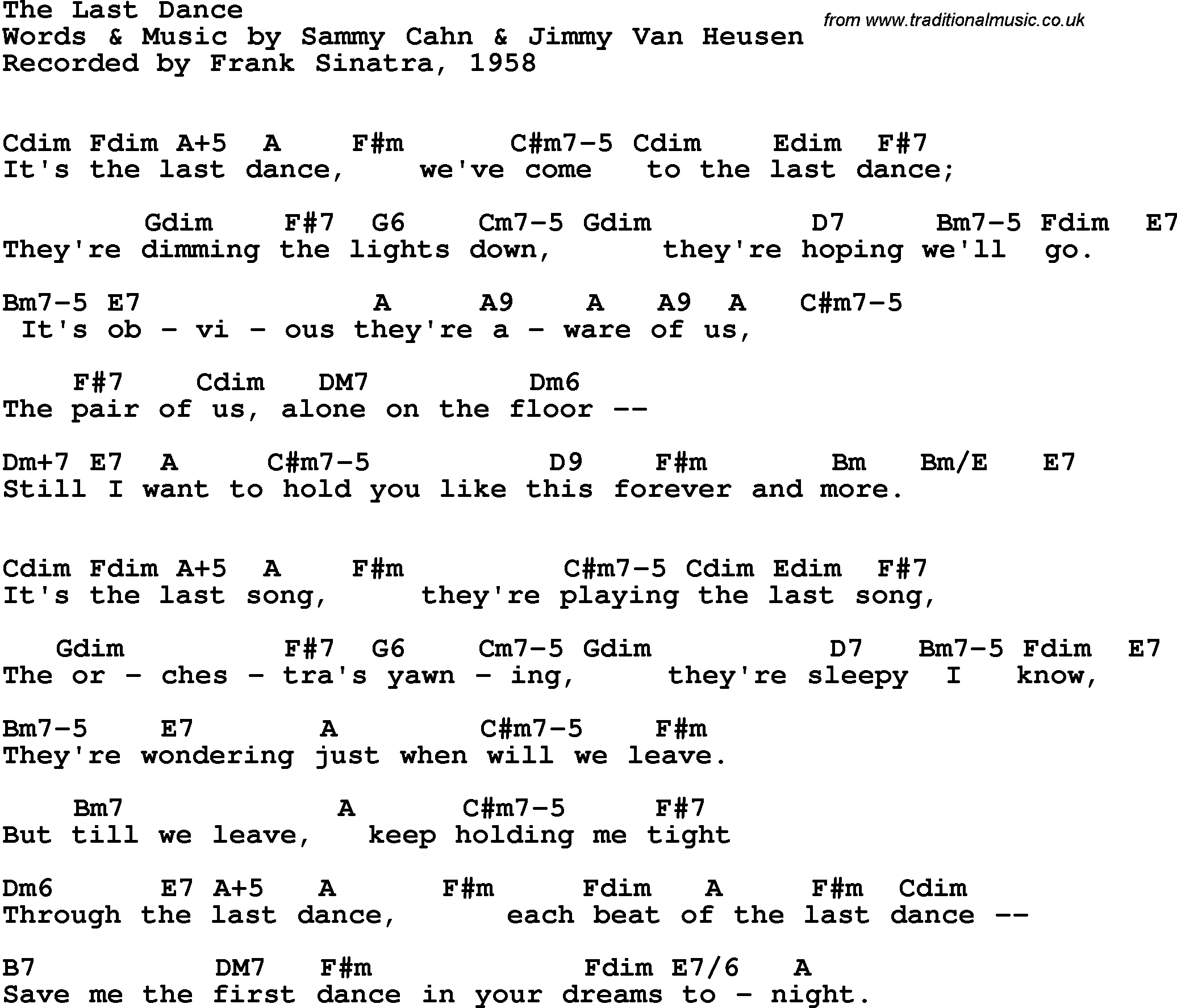 Song Lyrics with guitar chords for Last Dance, The - Frank Sinatra, 1958