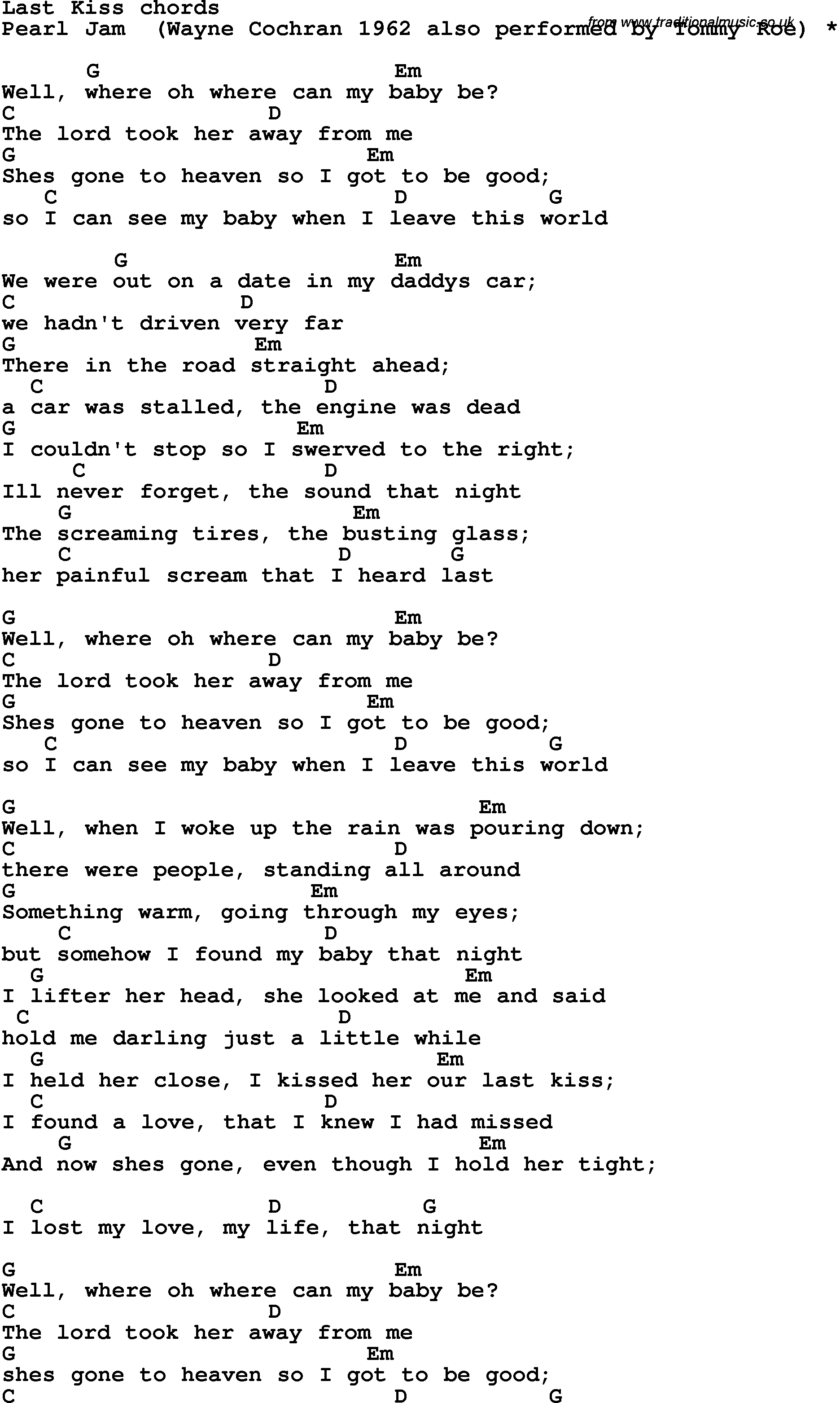 Song Lyrics with guitar chords for Last Kiss