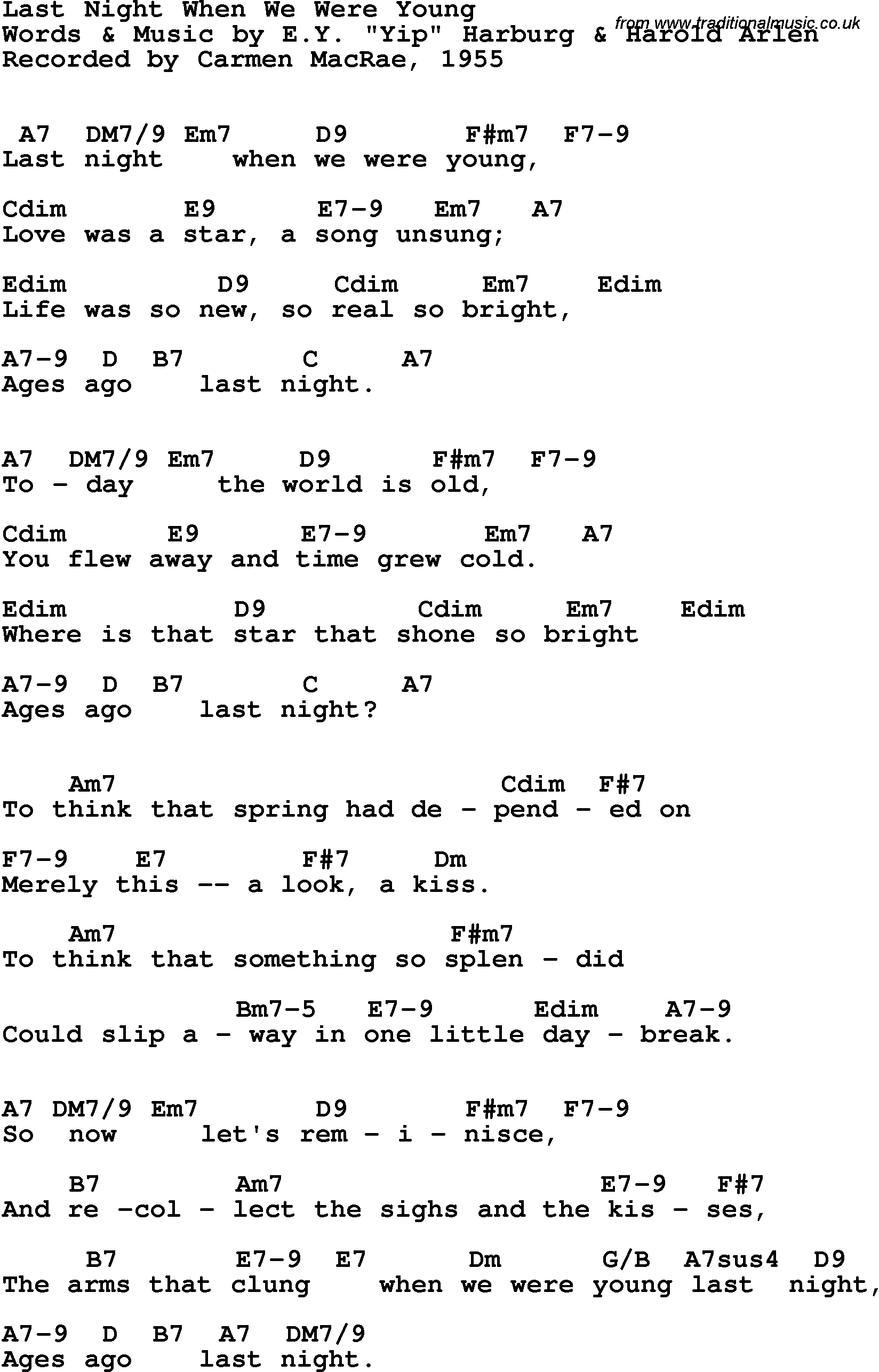 Song Lyrics with guitar chords for Last Night When We Were Young - Carmen Macrae, 1955