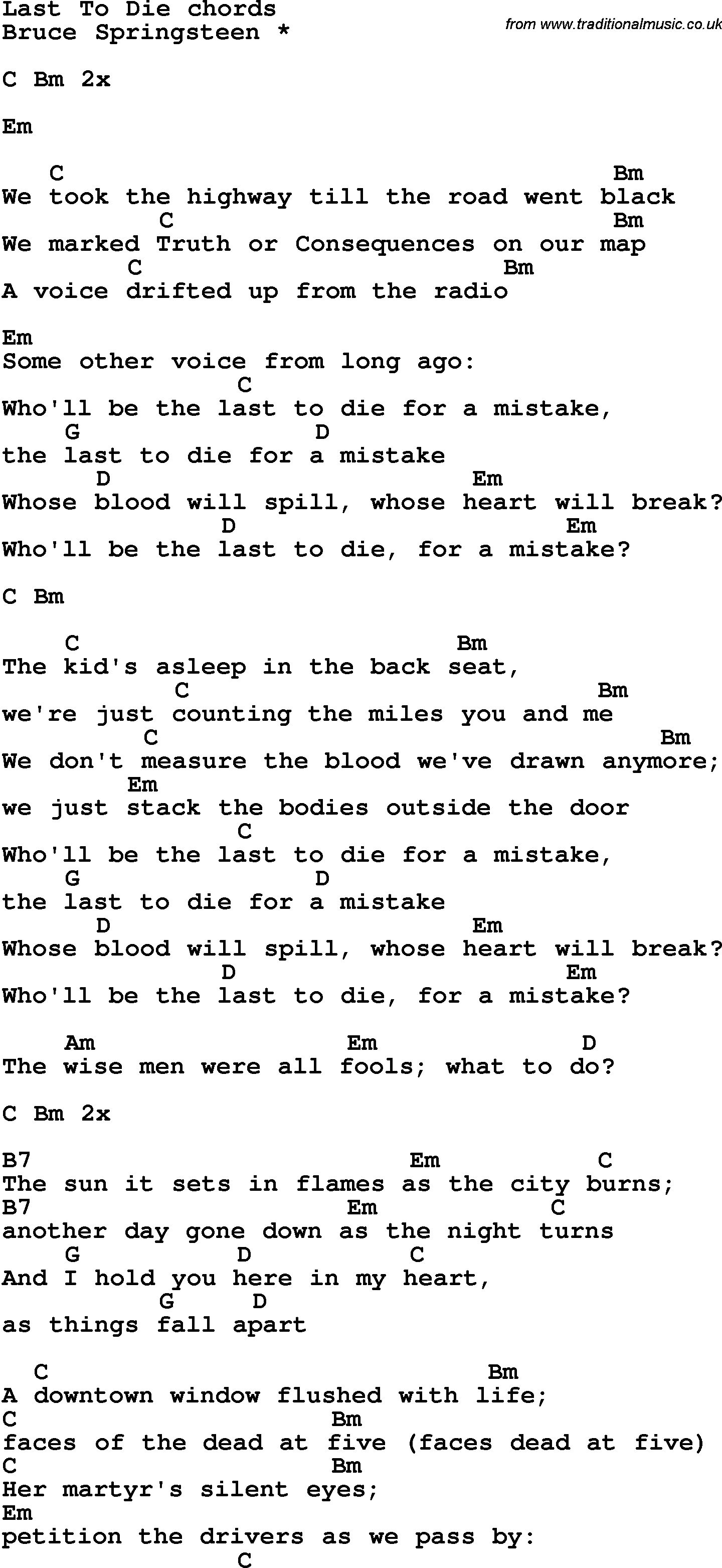 Song Lyrics with guitar chords for Last To Die