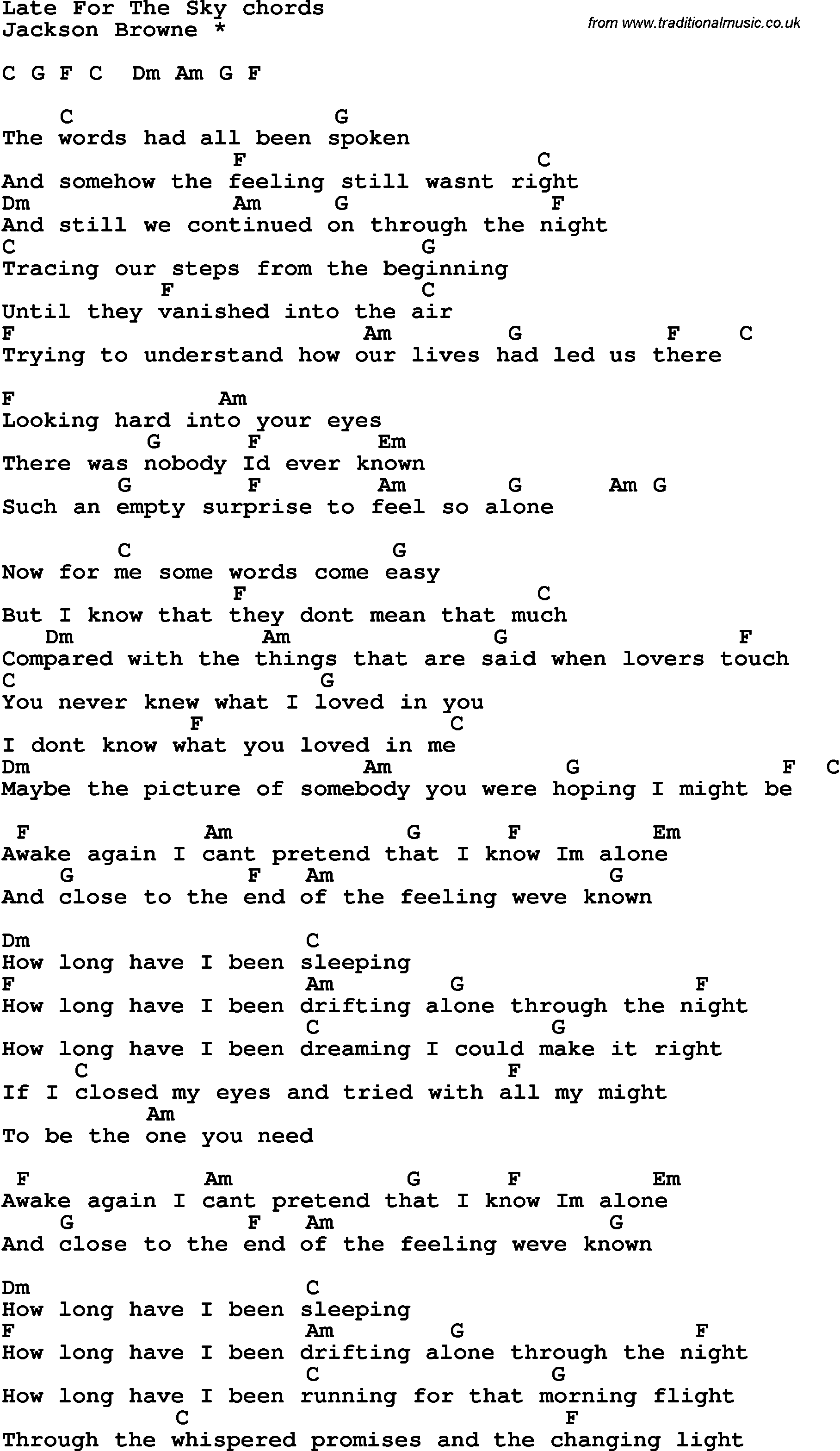 Song Lyrics with guitar chords for Late For The Sky