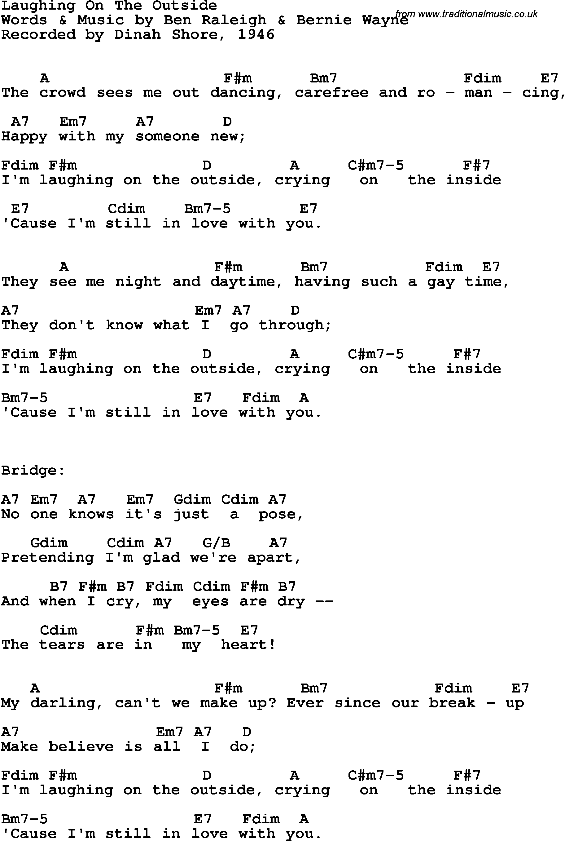 Song Lyrics with guitar chords for Laughing On The Outside - Dinah Shore, 1946