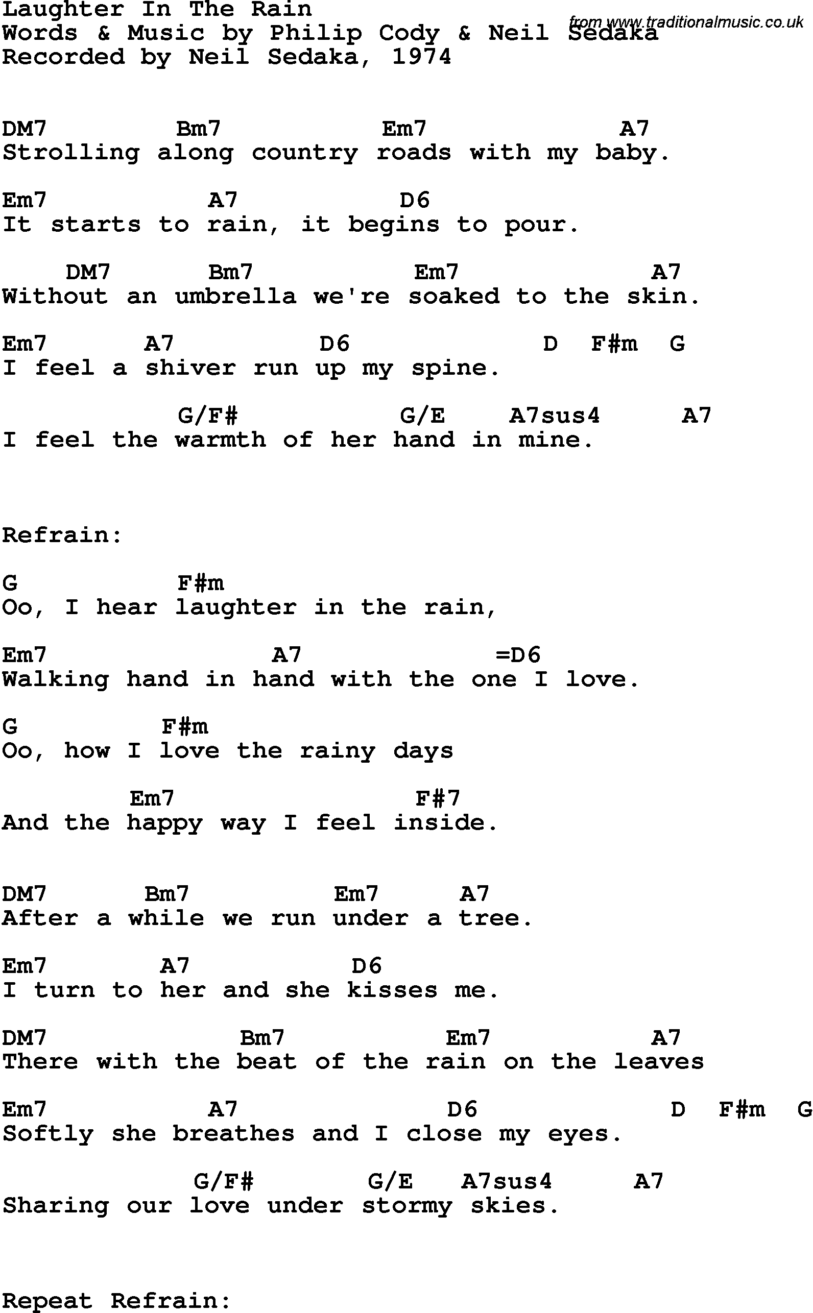 Song Lyrics with guitar chords for Laughter In The Rain - Neil Sedaka, 1974