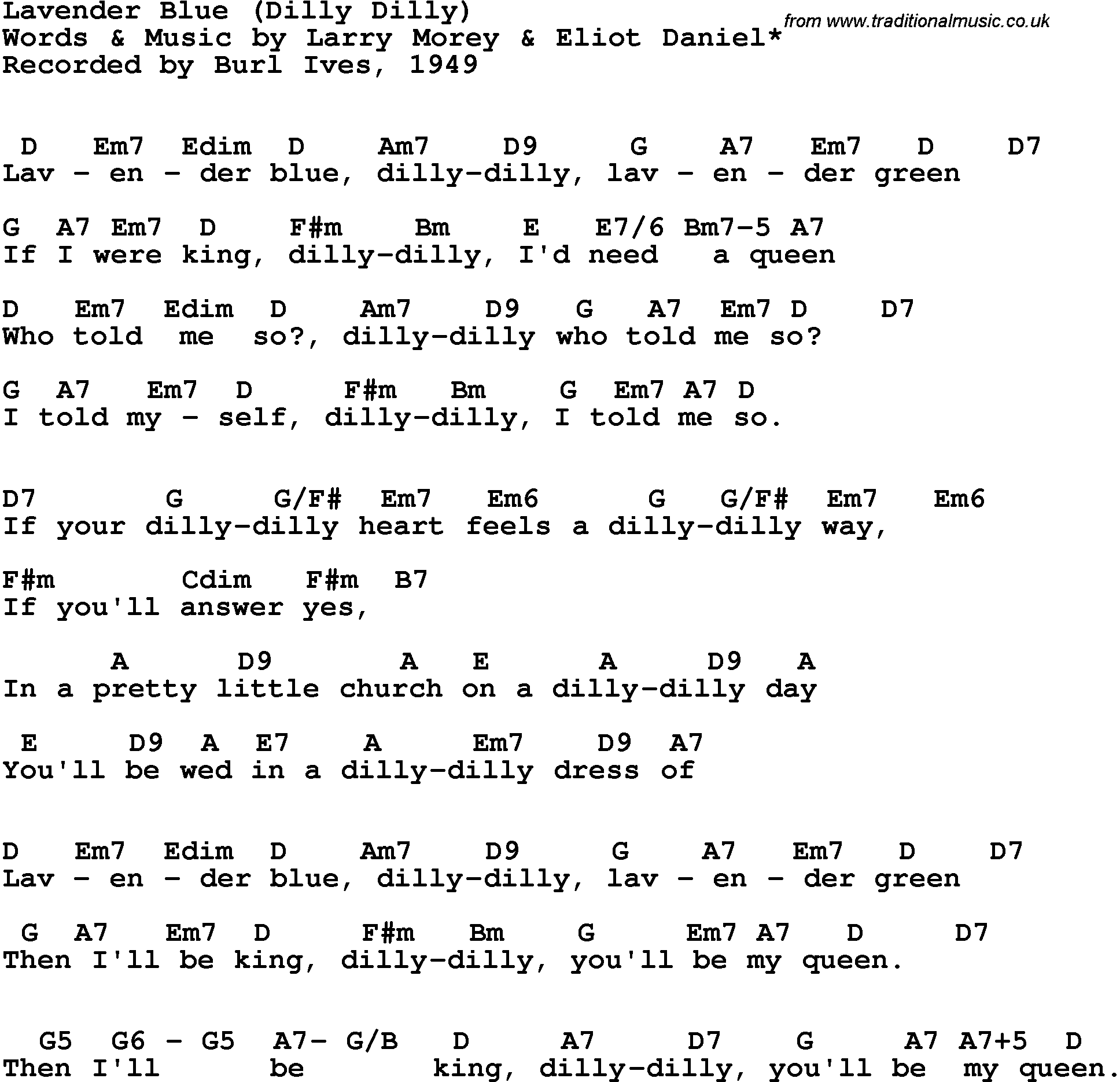 Song Lyrics with guitar chords for Lavender Blue - Burl Ives, 1949
