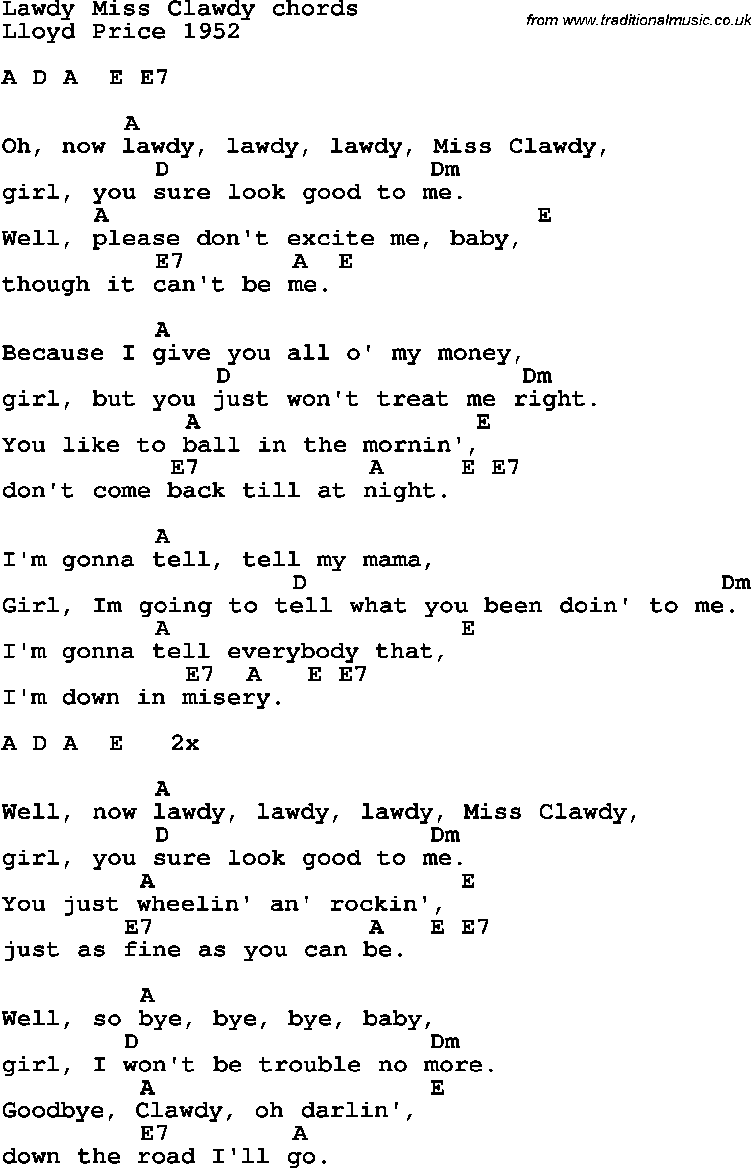 Song Lyrics with guitar chords for Lawdy Miss Clawdy