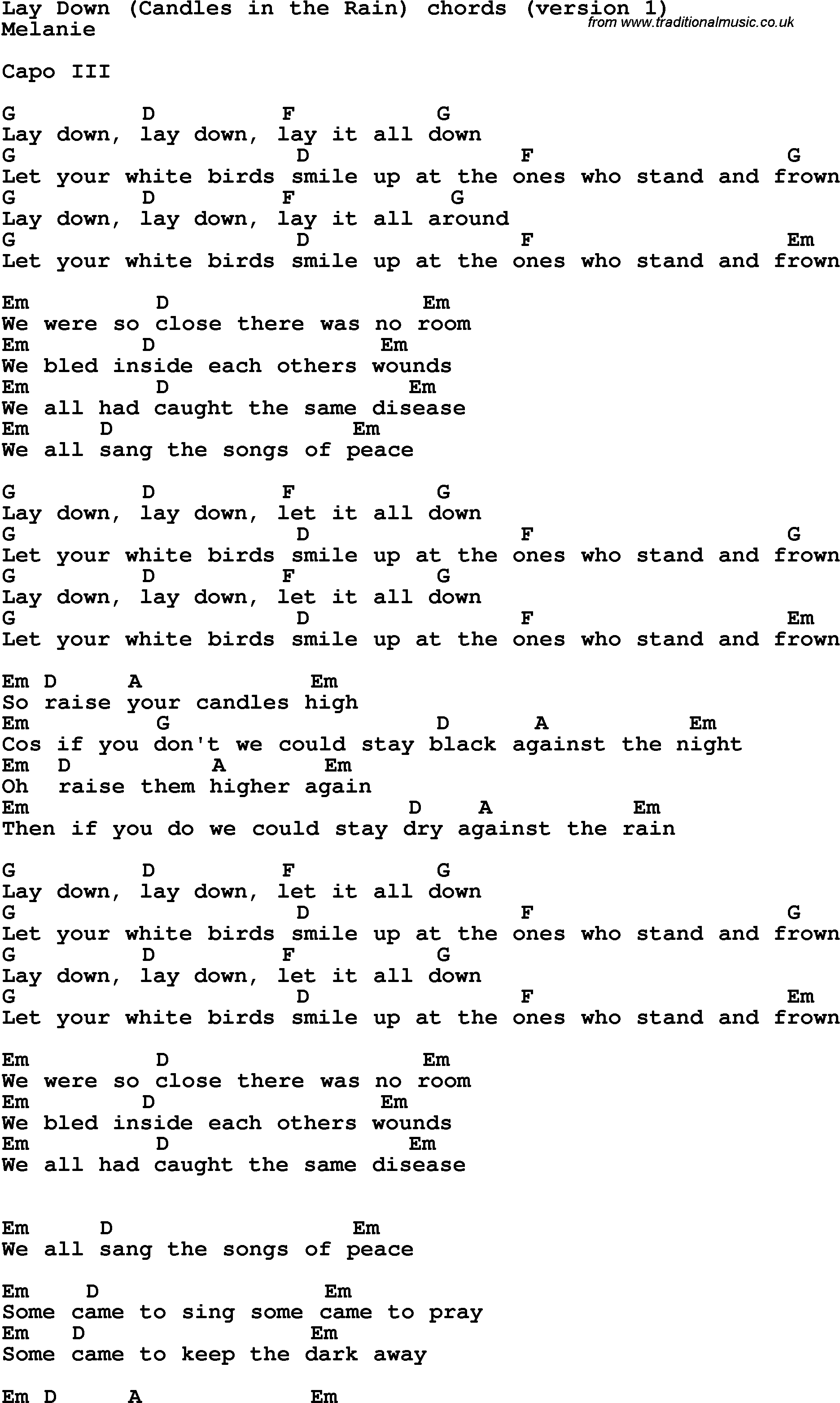 Song Lyrics with guitar chords for Lay Down