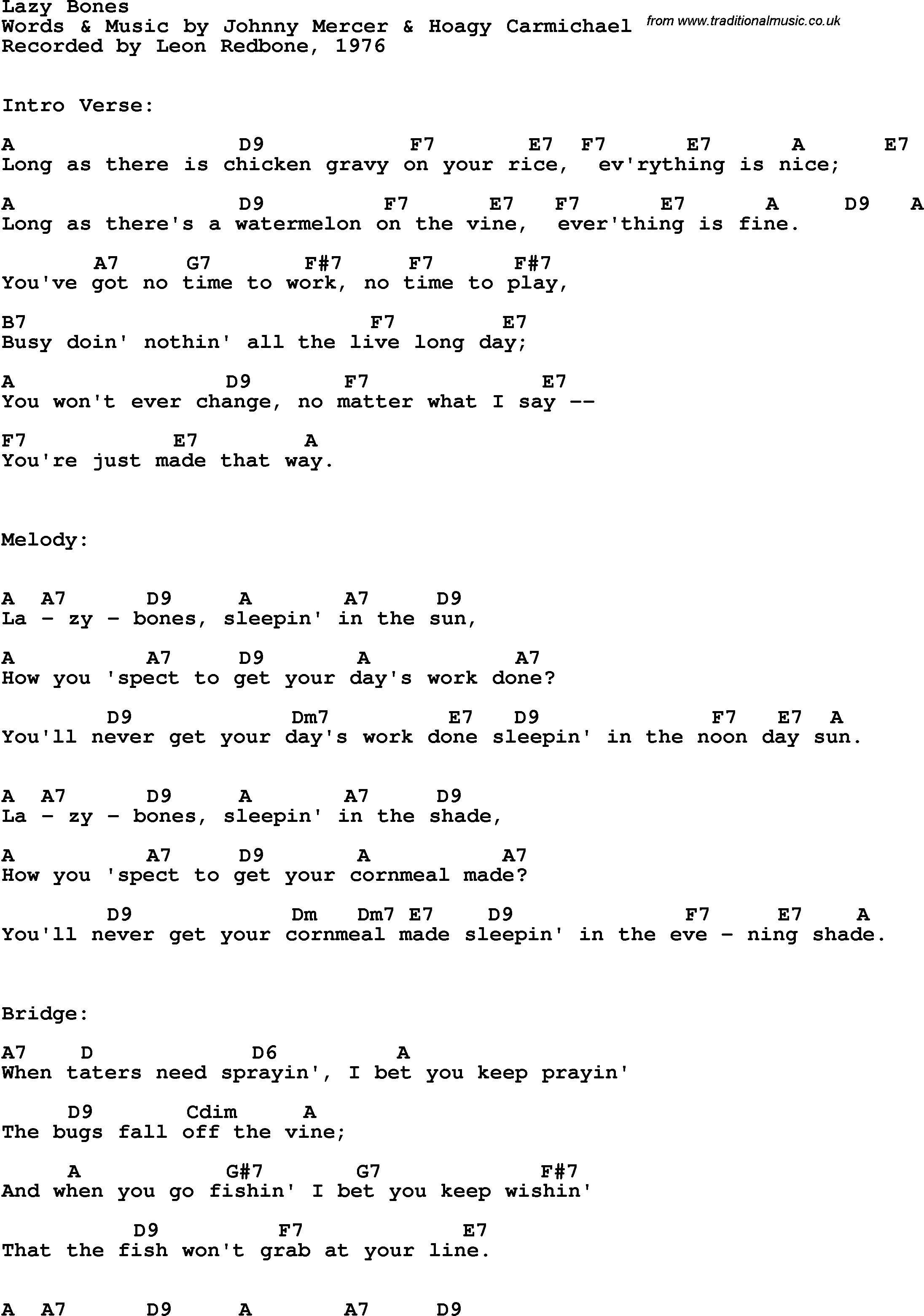 Song Lyrics with guitar chords for Lazy Bones - Leon Redbone, 1976