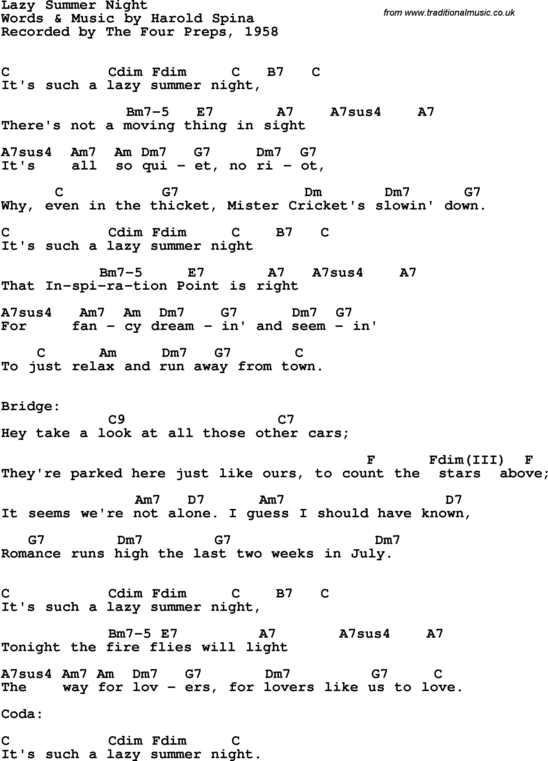 Song Lyrics with guitar chords for Lazy Summer Night - The Four Preps, 1958