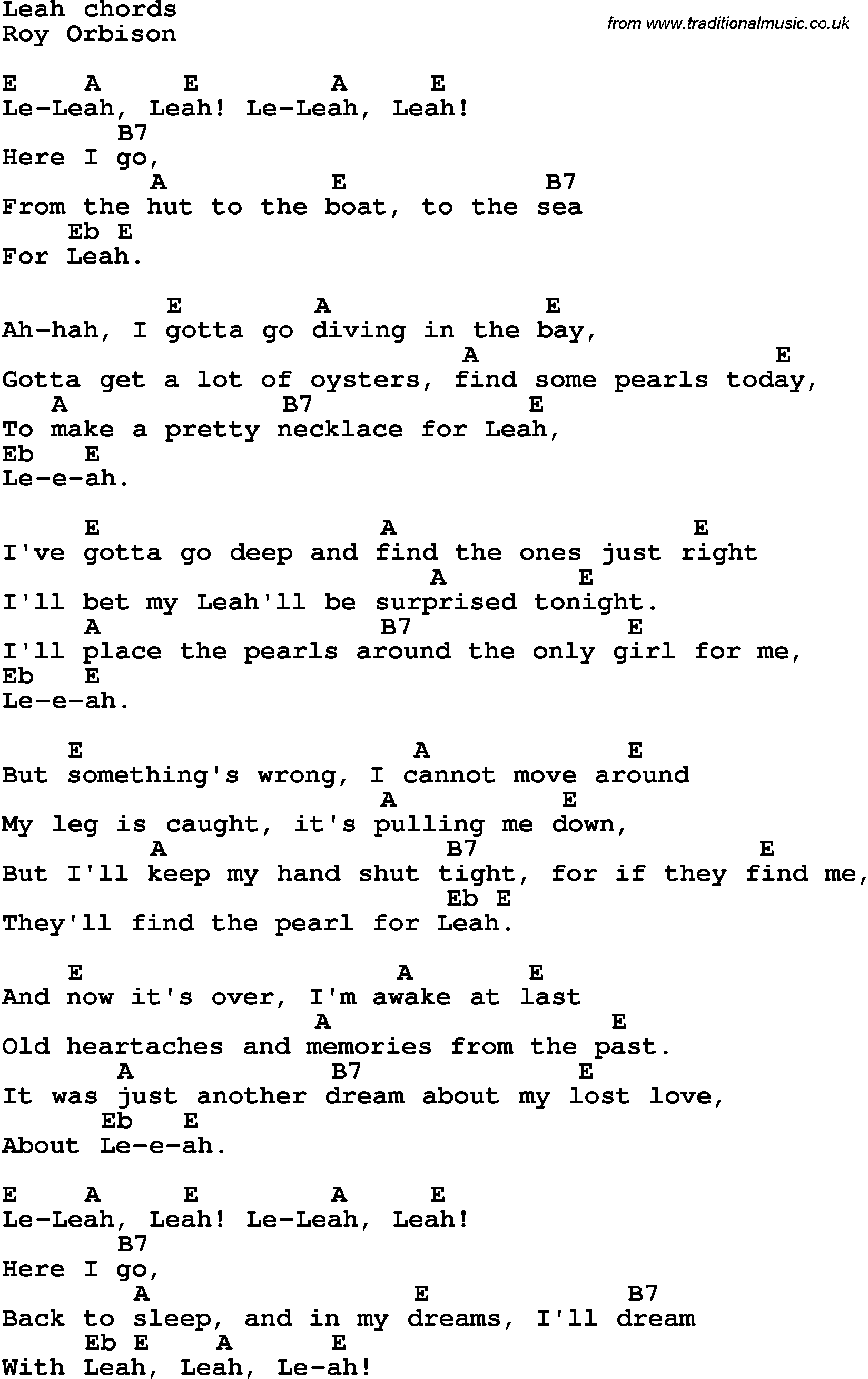 Song Lyrics with guitar chords for Leah