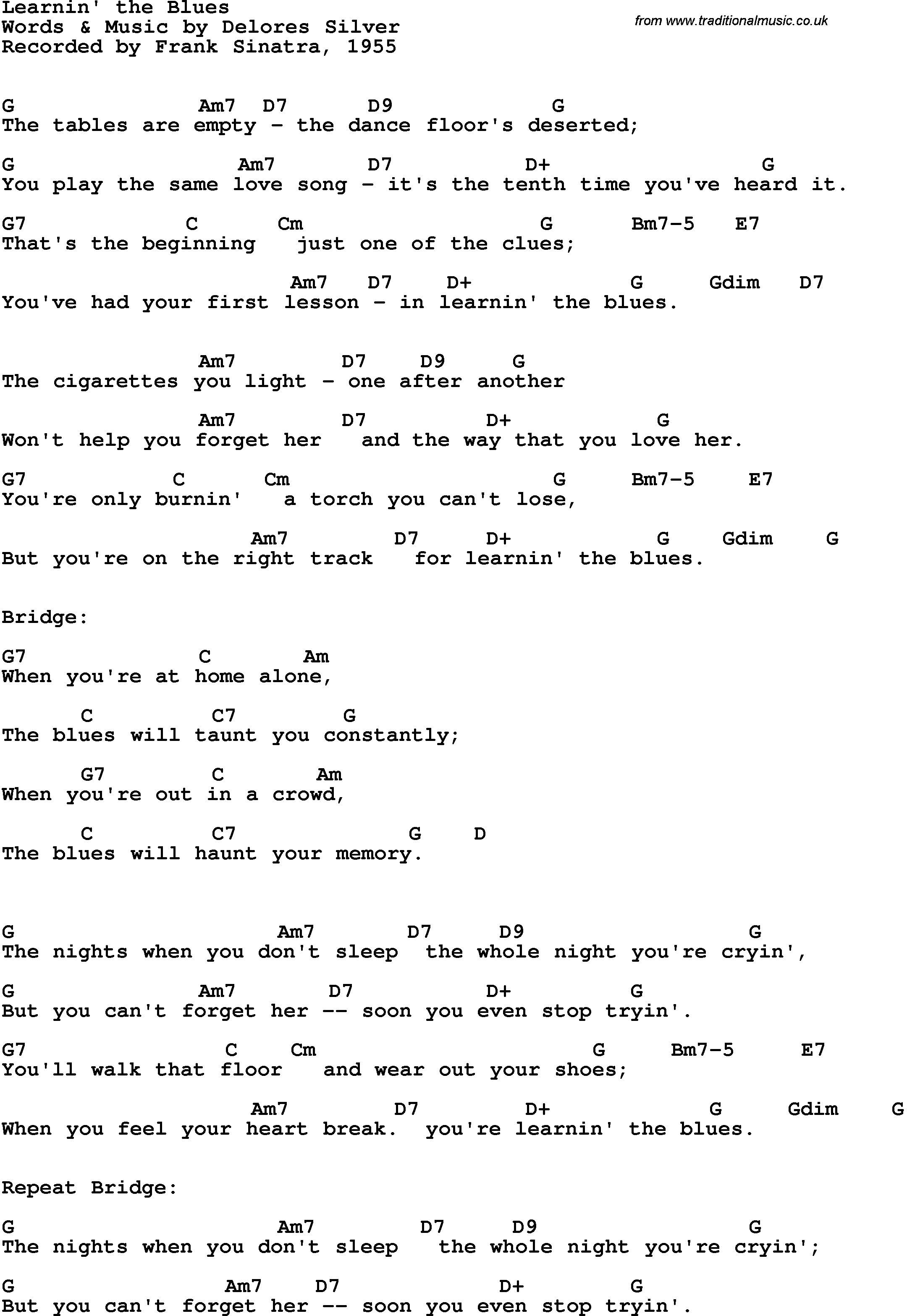 Song Lyrics with guitar chords for Learnin' The Blues - Frank Sinatra, 1955