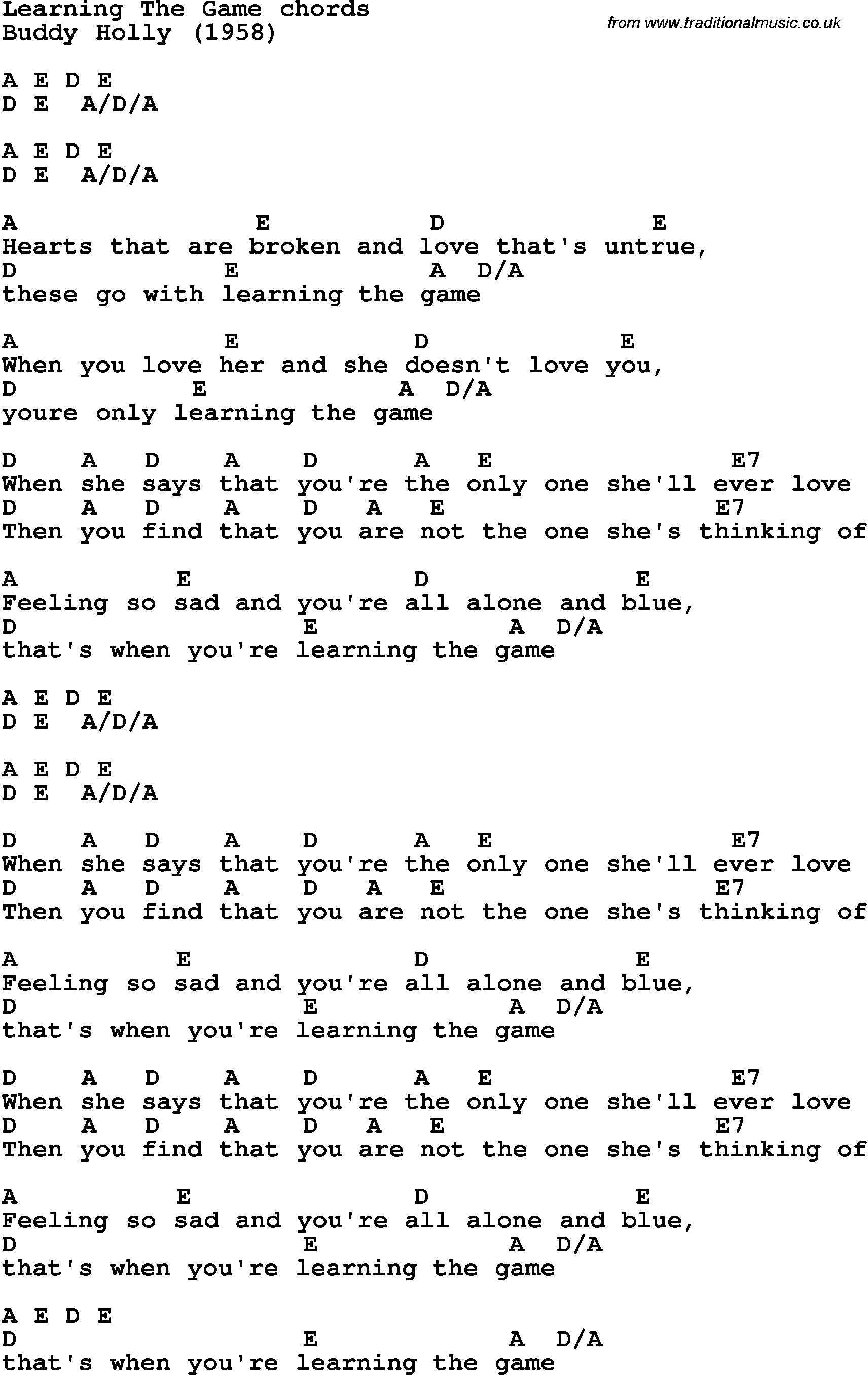 Song Lyrics with guitar chords for Learning The Game
