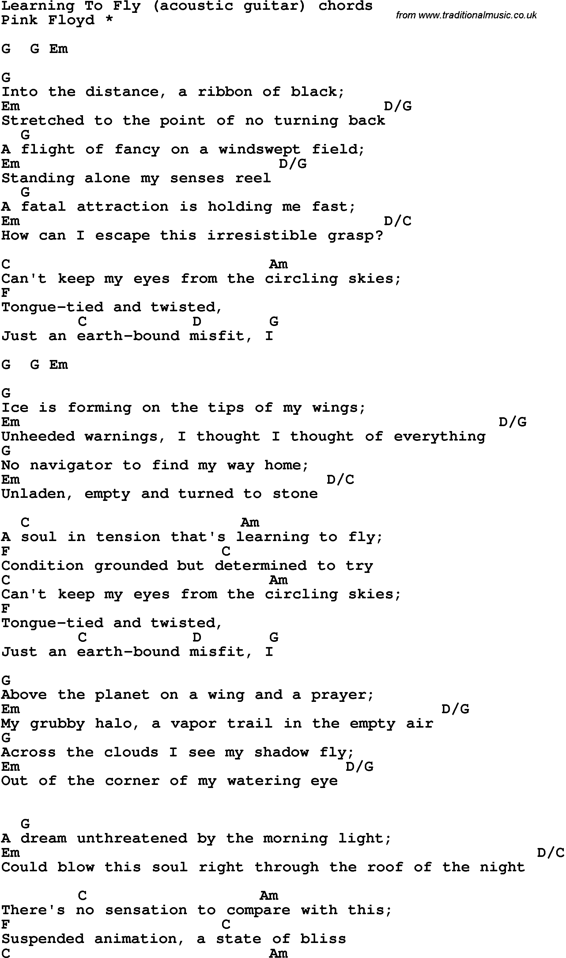 Song Lyrics with guitar chords for Learning To Fly - Pink Floyd