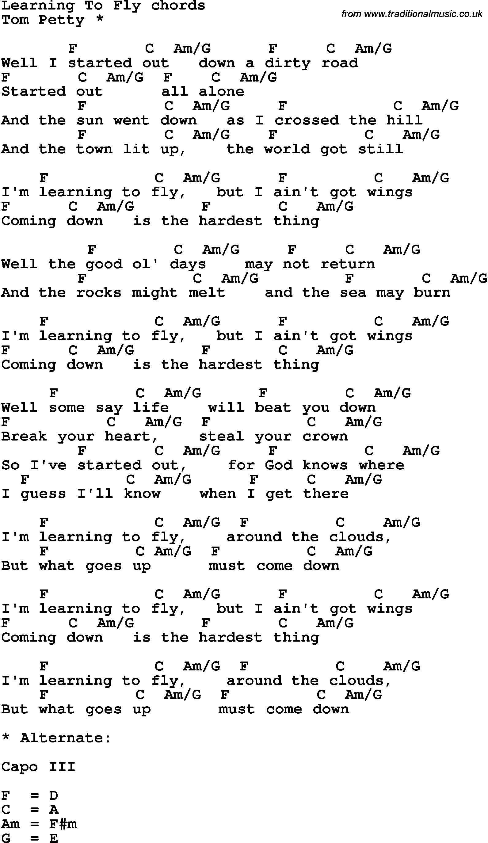 Song Lyrics with guitar chords for Learning To Fly - Tom Petty