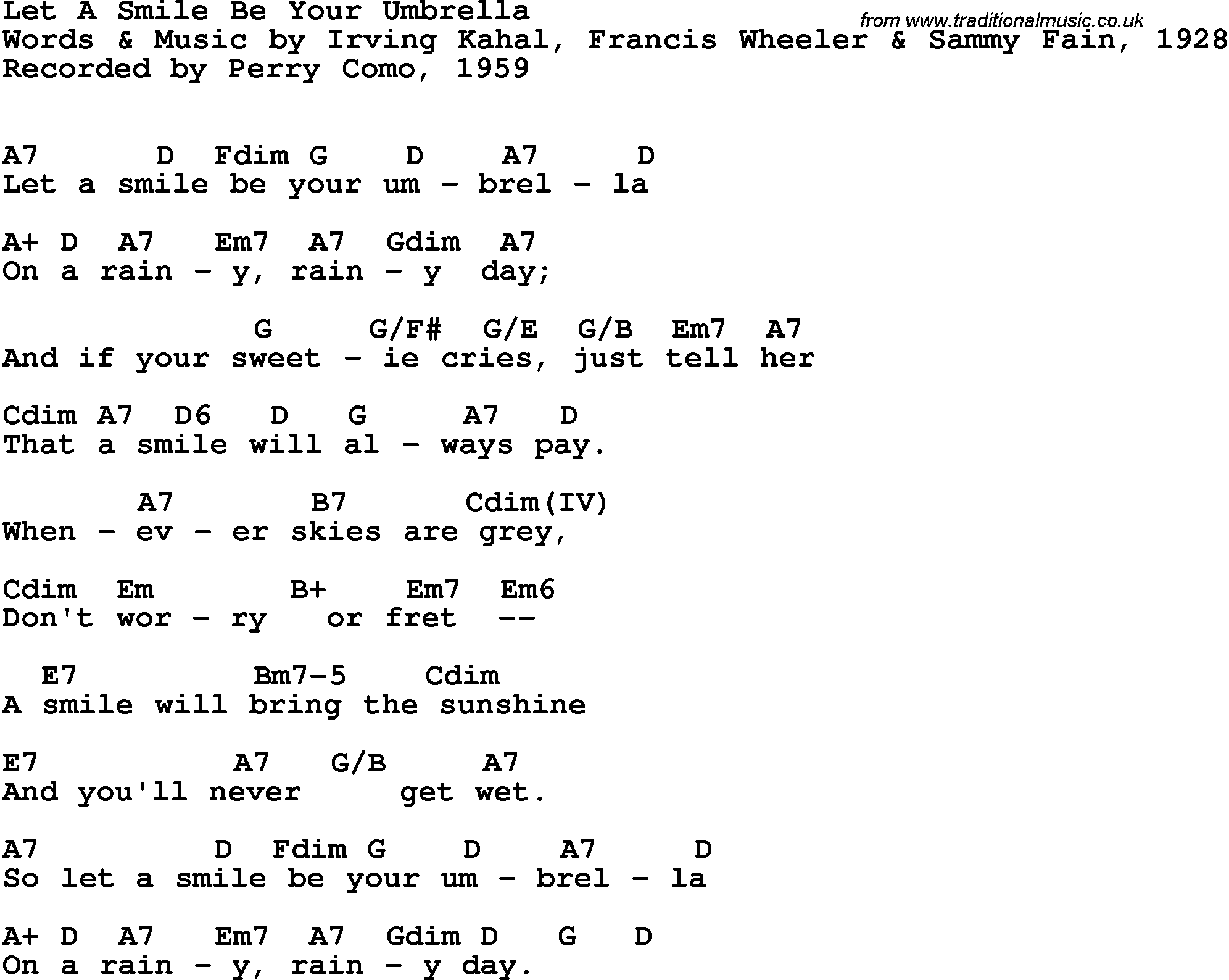 Song Lyrics with guitar chords for Let A Smile Be Your Umbrella - Perry Como, 1959