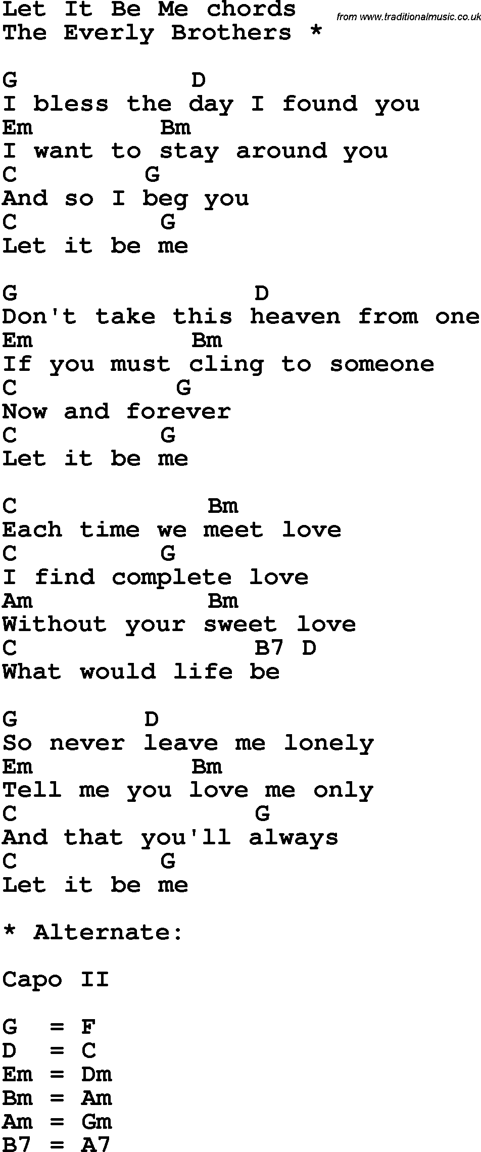 Song Lyrics with guitar chords for Let It Be Me