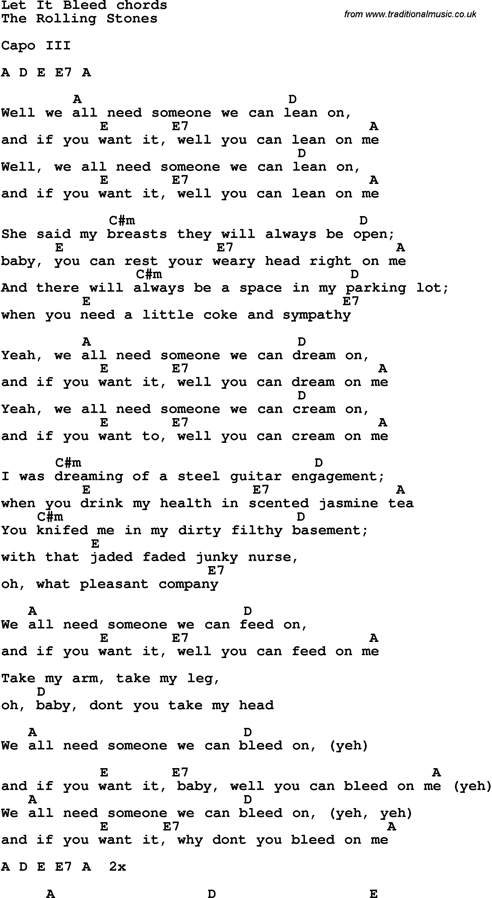 Song Lyrics with guitar chords for Let It Bleed