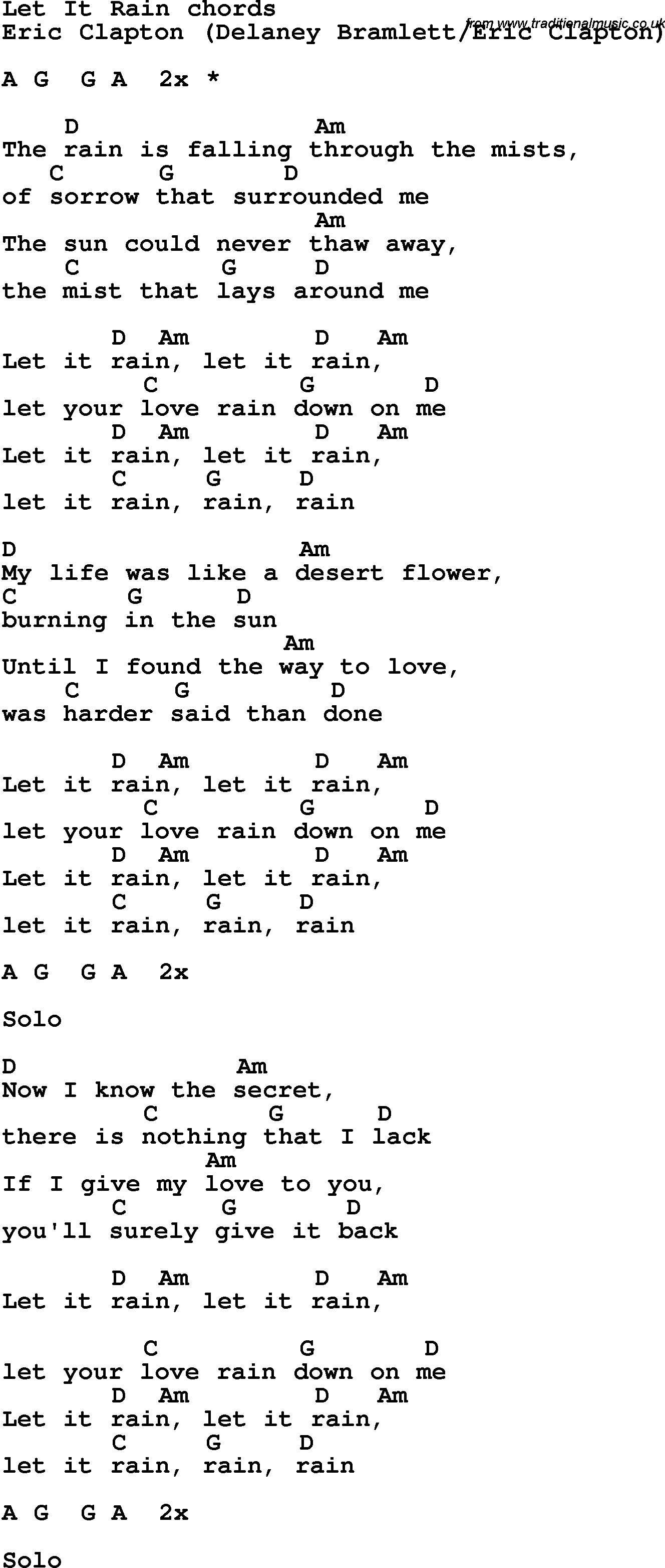 Song Lyrics with guitar chords for Let It Rain