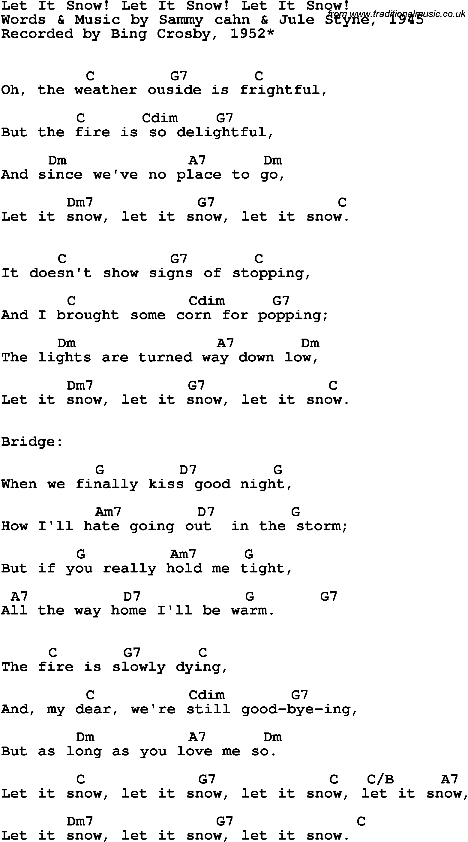 Song lyrics with guitar chords for Let It Snow! - Bing Crosby, 1952