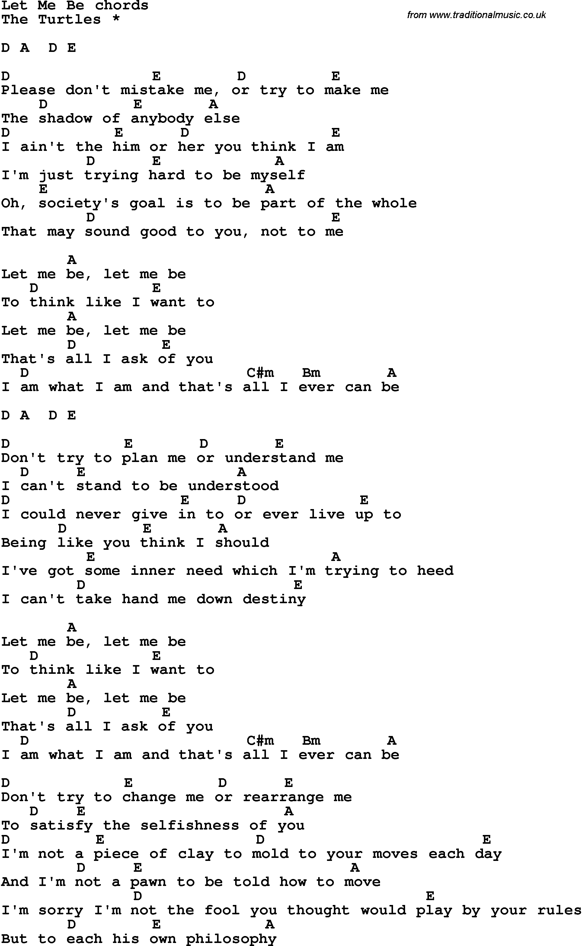 Song lyrics with guitar chords for Let Me Be