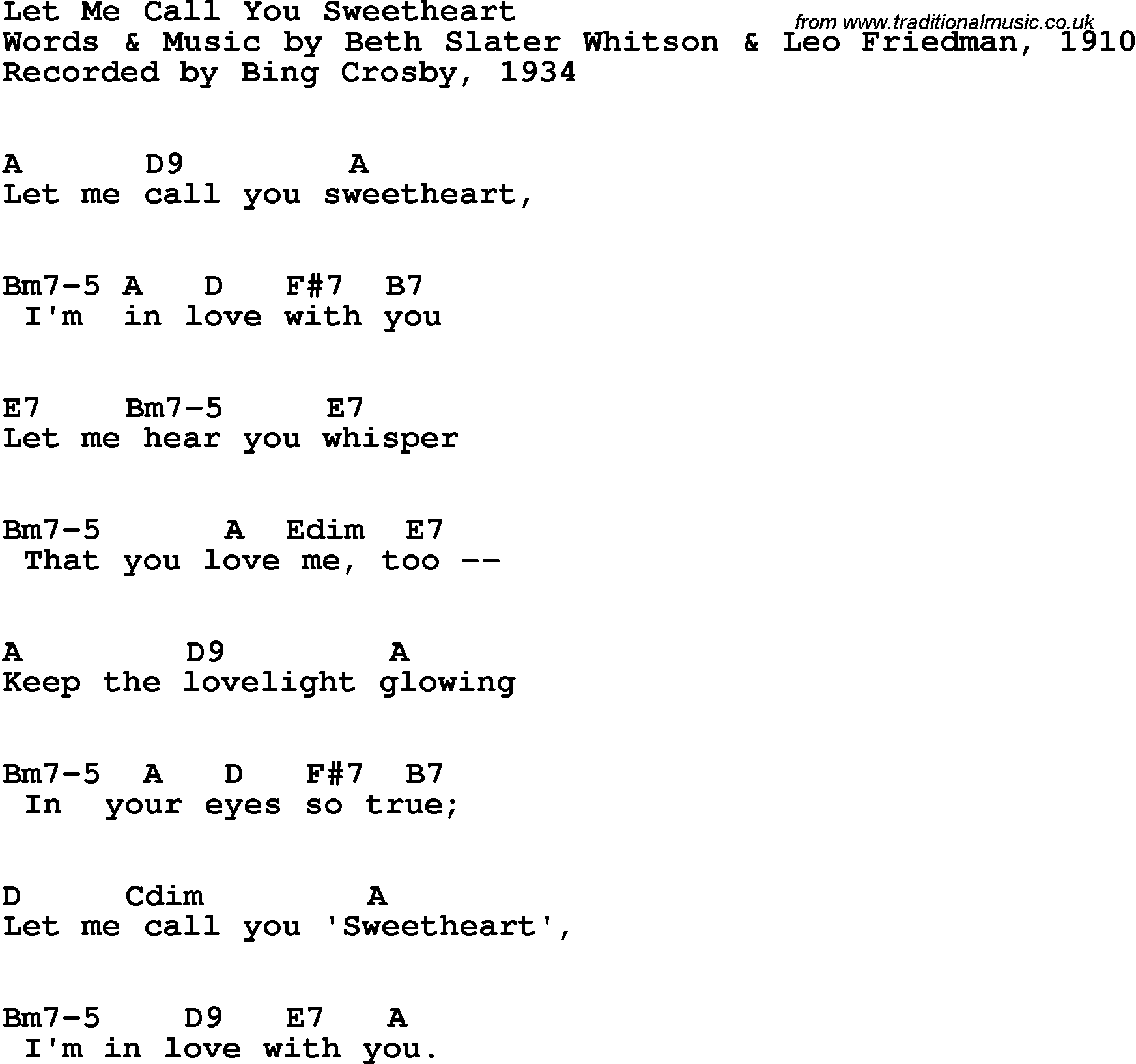 Song Lyrics with guitar chords for Let Me Call You Sweetheart - Bing Crosby, 1934