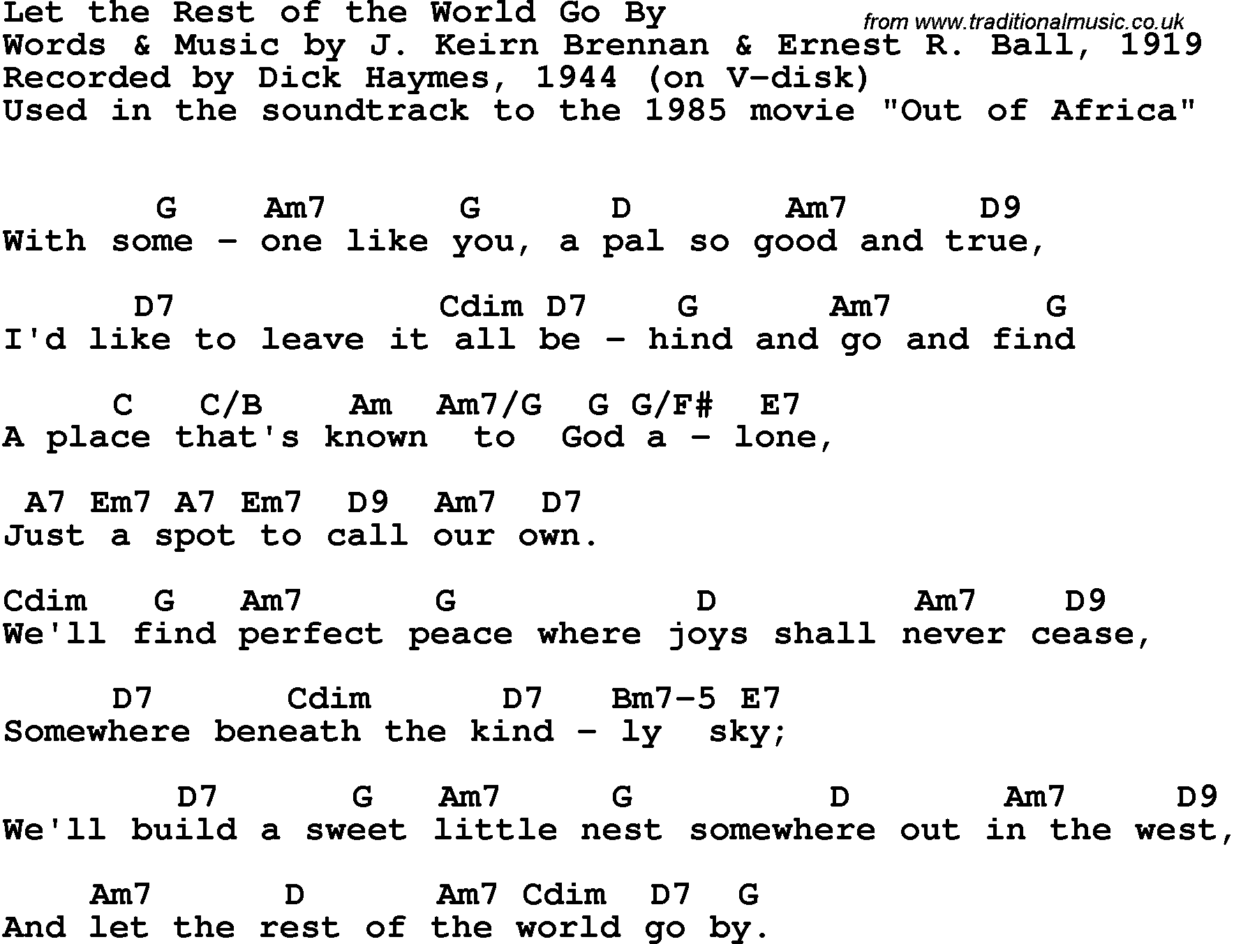 Song Lyrics with guitar chords for Let The Rest Of The World Go By - Dick Haymes, 1944