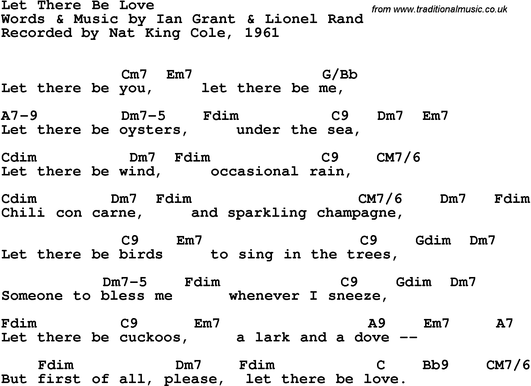 Song Lyrics with guitar chords for Let There Be Love - Nat King Cole, 1961