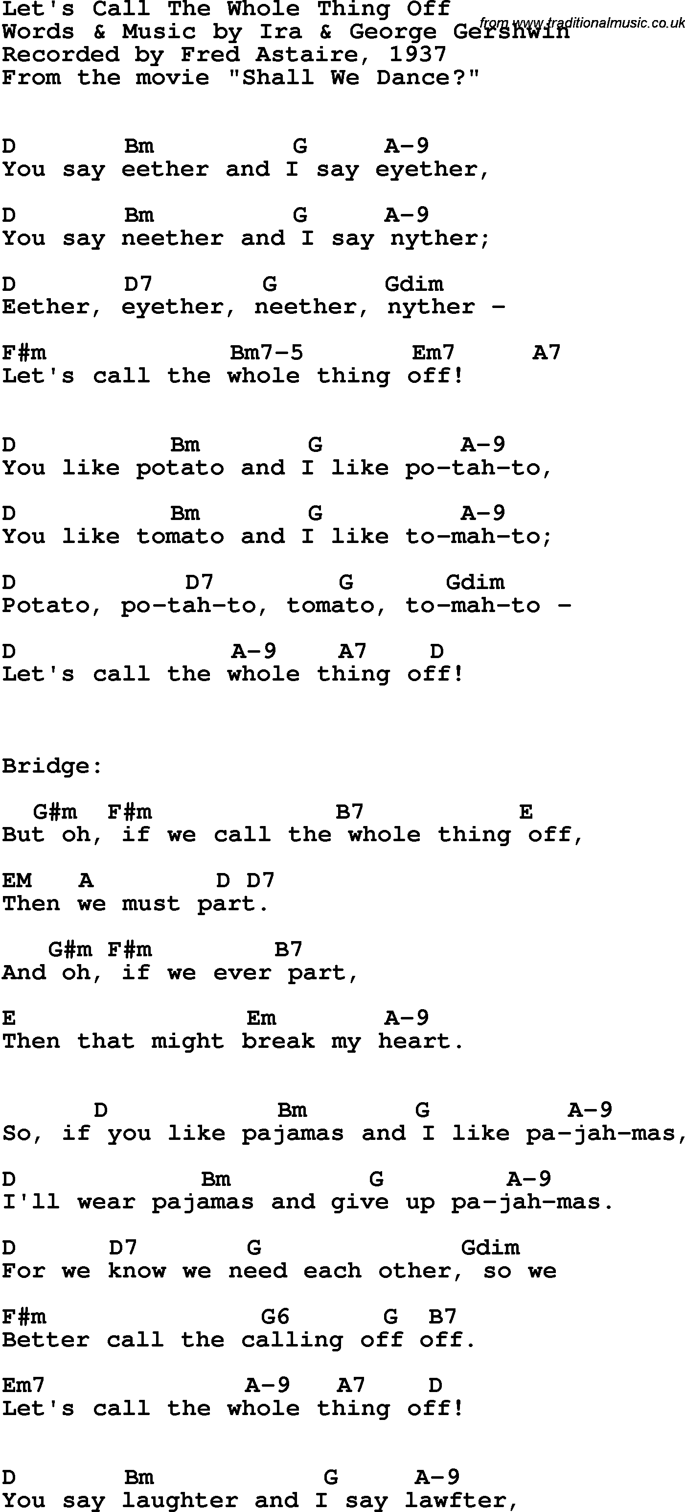 Song Lyrics with guitar chords for Let's Call The Whole Thing Off - Fred Astaire, 1937