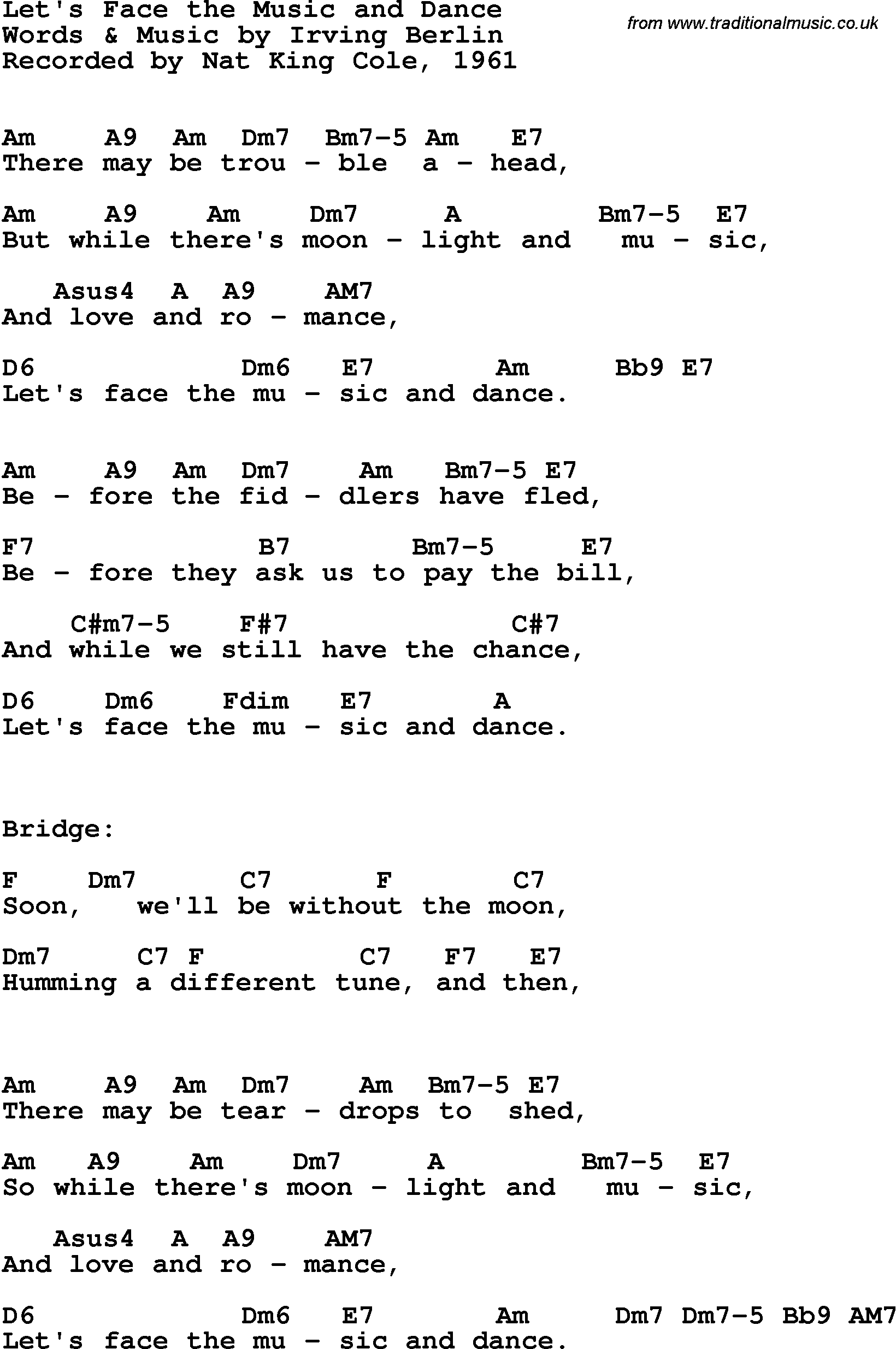 Song Lyrics with guitar chords for Let's Face The Music And Dance - Nat King Cole, 1961