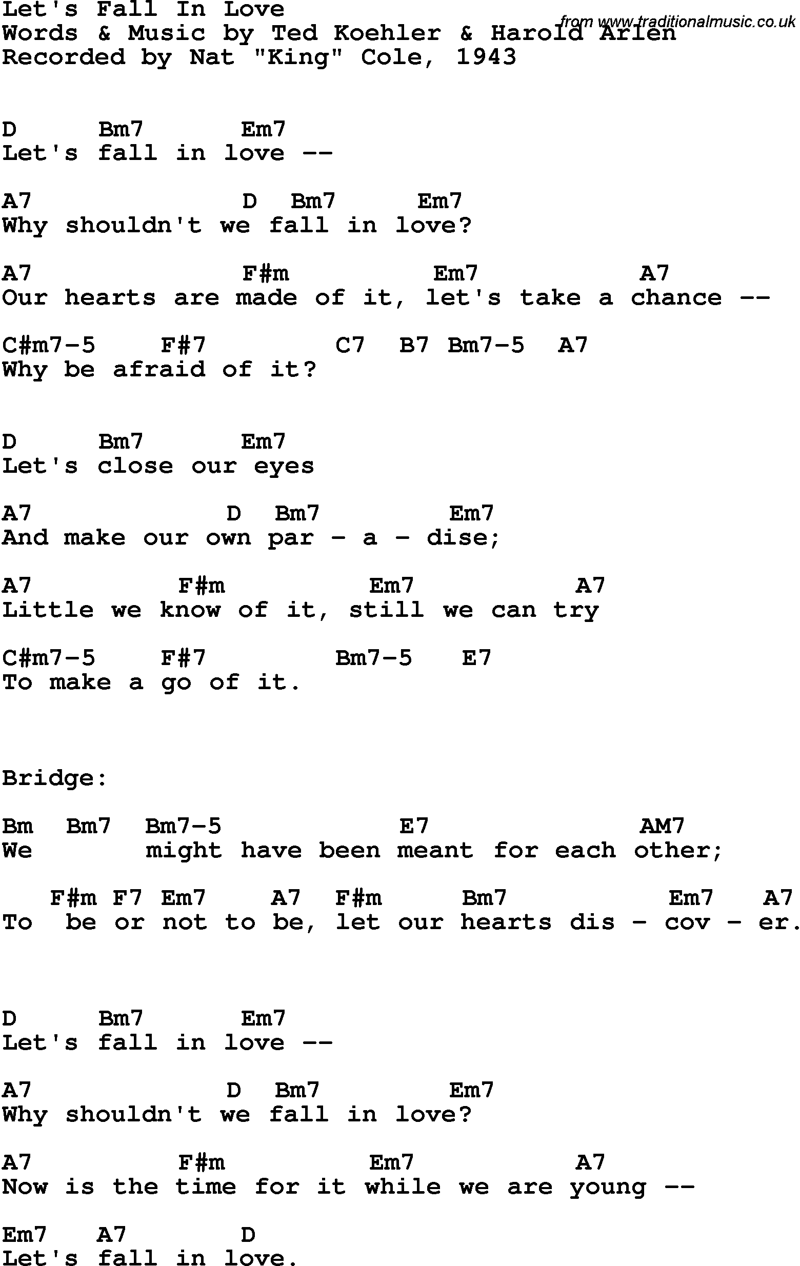 Song Lyrics with guitar chords for Let's Fall In Love - Nat King Cole, 1943