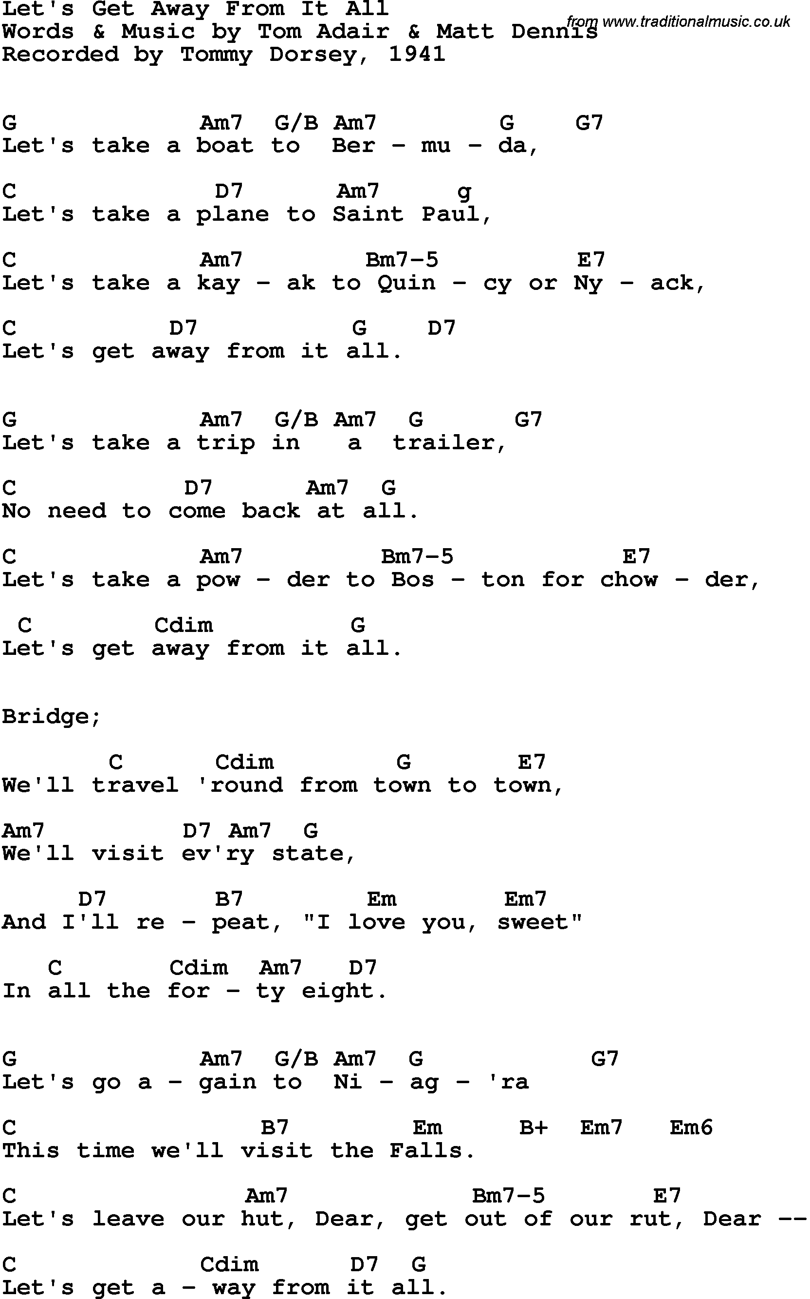 Song Lyrics with guitar chords for Let's Get Away From It All - Tommy Dorsey, 1940
