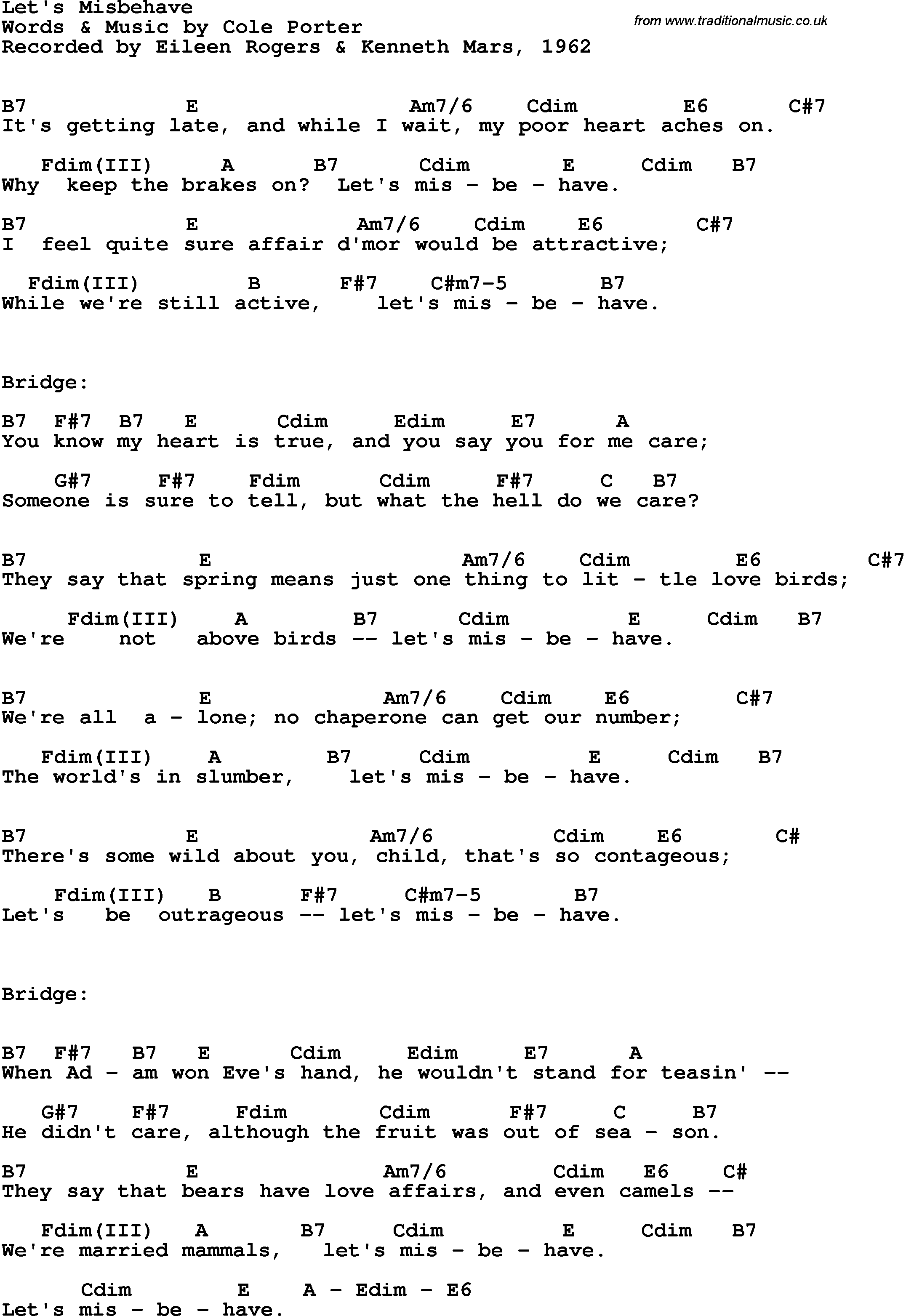 Song Lyrics with guitar chords for Let's Misbehave - Eileen Rogers & Kenneth Mars, 1962