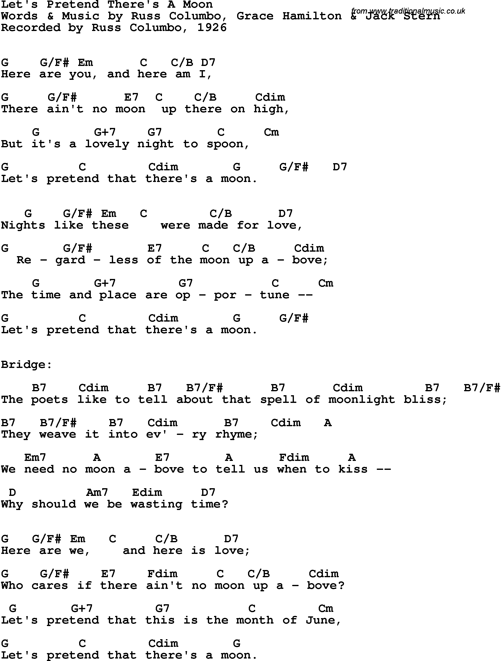 Song Lyrics with guitar chords for Let's Pretend There's A Moon - Russ Columbo, 1926
