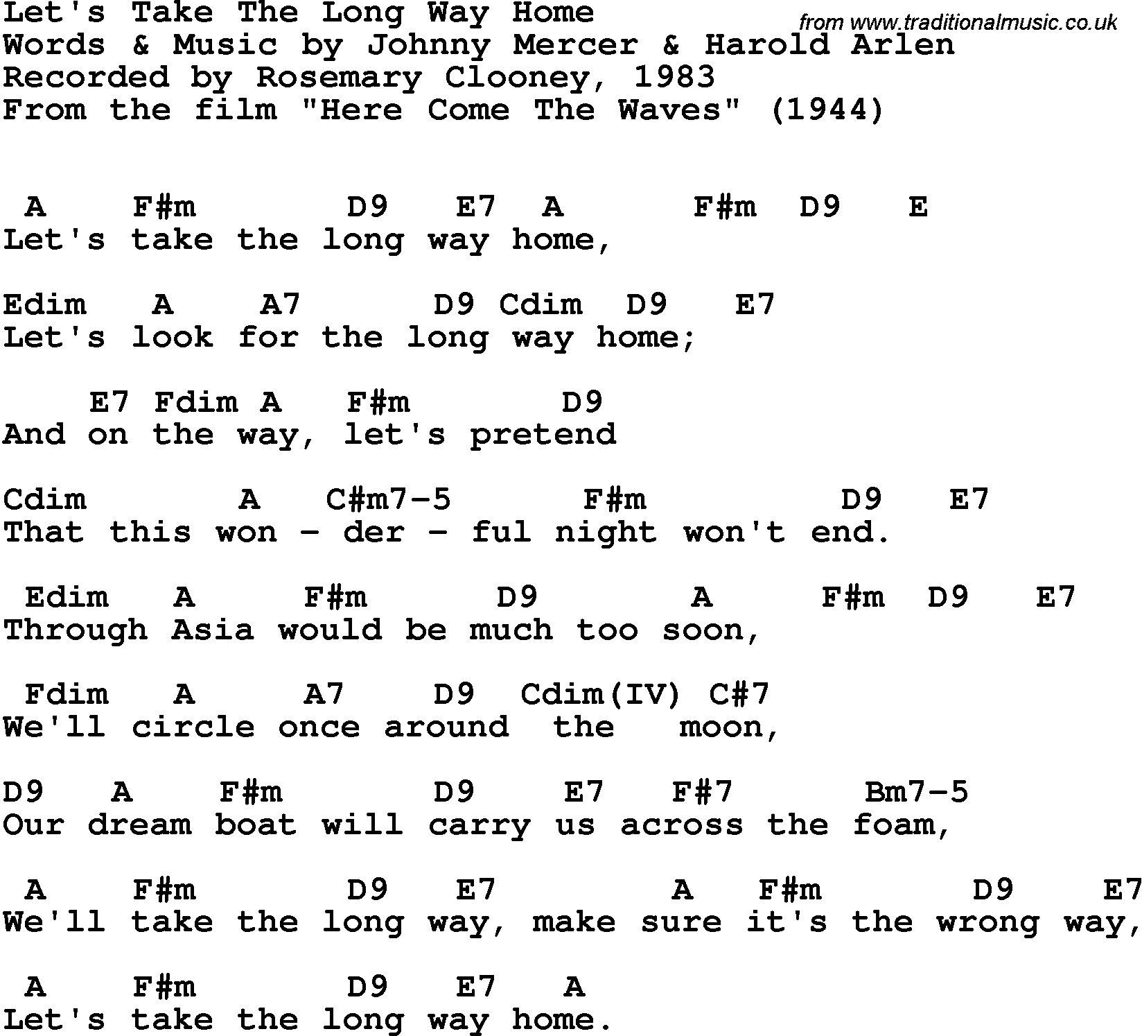 Song Lyrics with guitar chords for Let's Take The Long Way Home - Rosemary Clooney, 1983