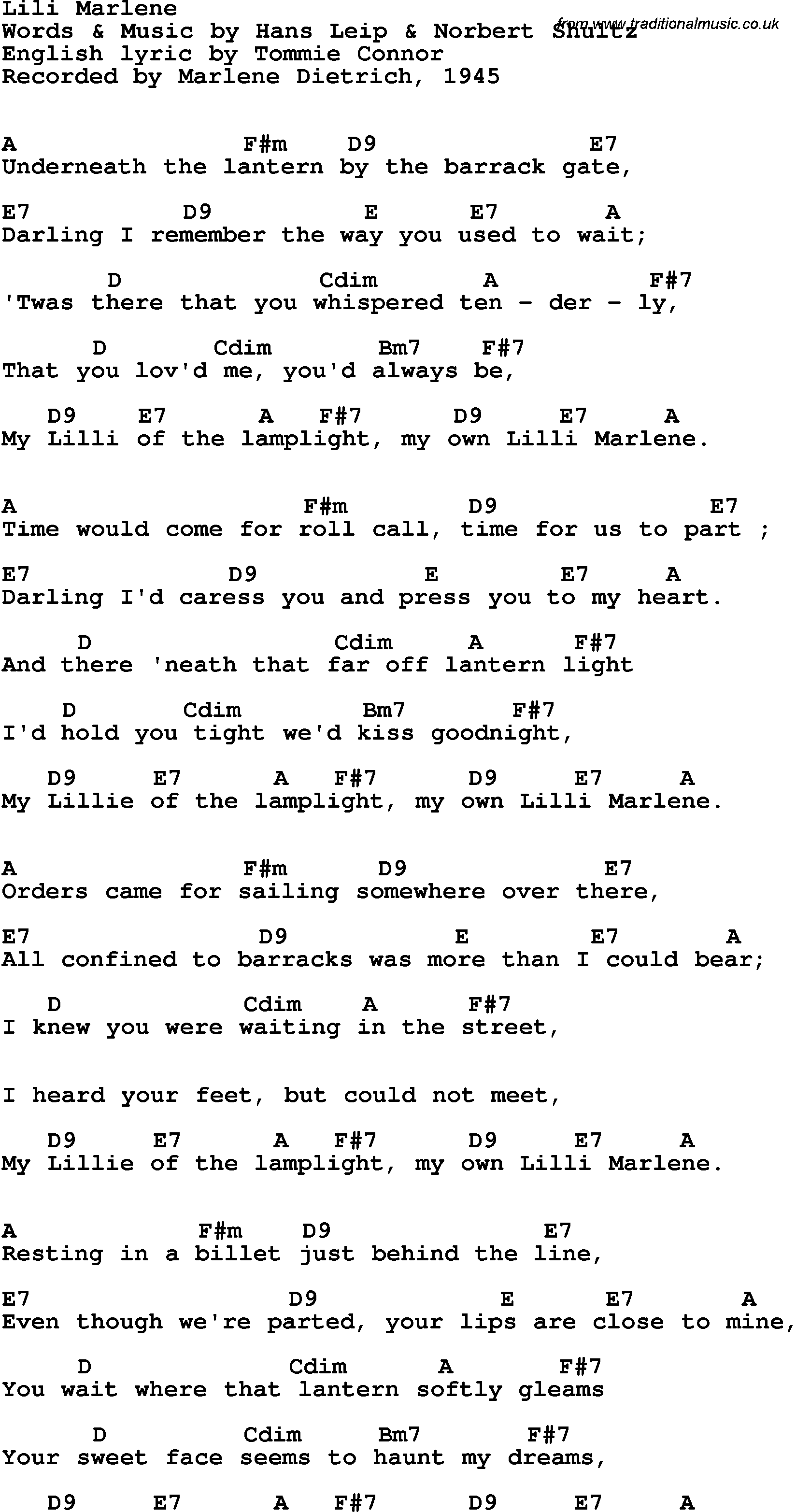 Song Lyrics with guitar chords for Lili Marlene - Marlene Dietrich, 1945