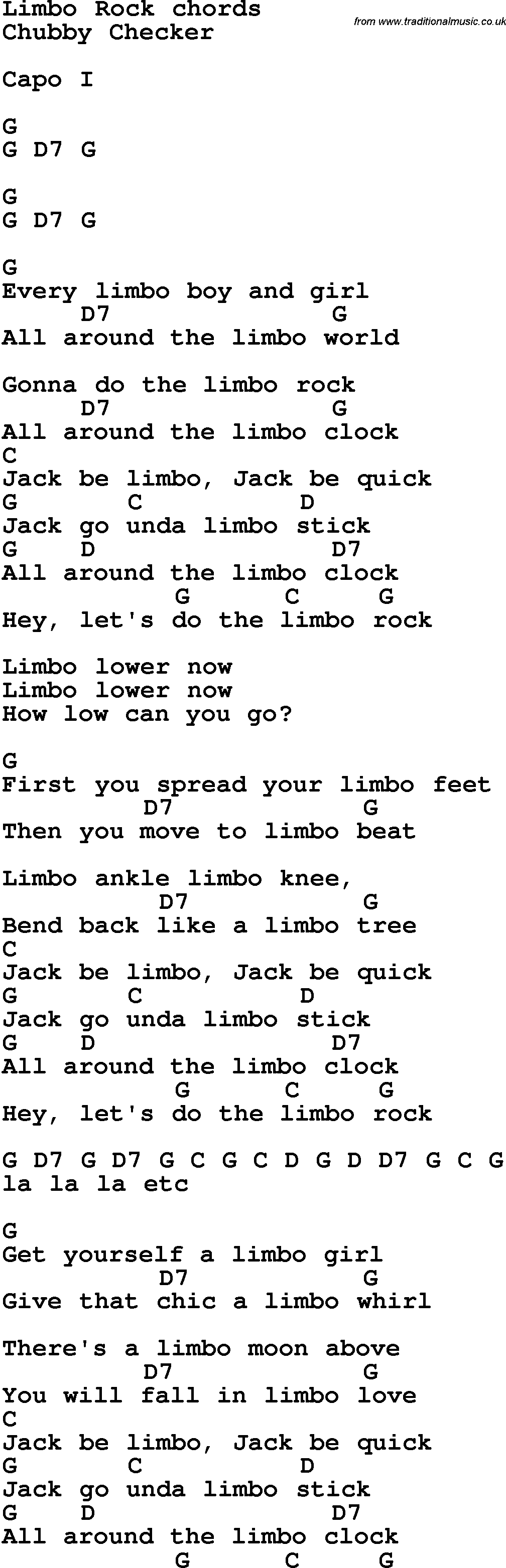 Song Lyrics with guitar chords for Limbo Rock