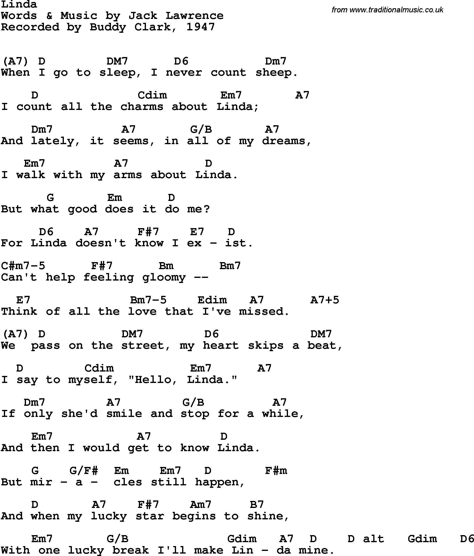 Song Lyrics with guitar chords for Linda - Buddy Clark, 1947