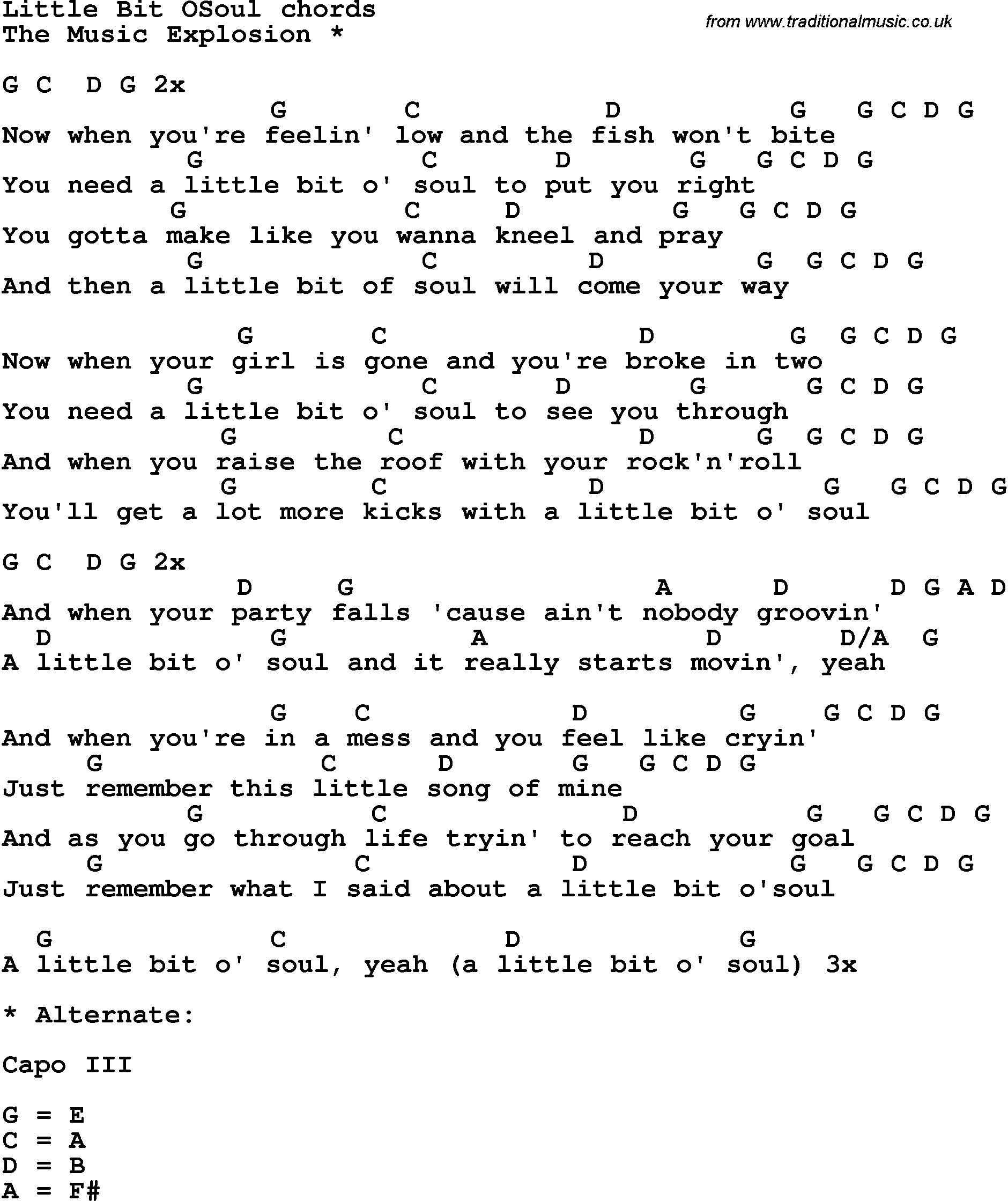 Song Lyrics with guitar chords for Little Bit O' Soul