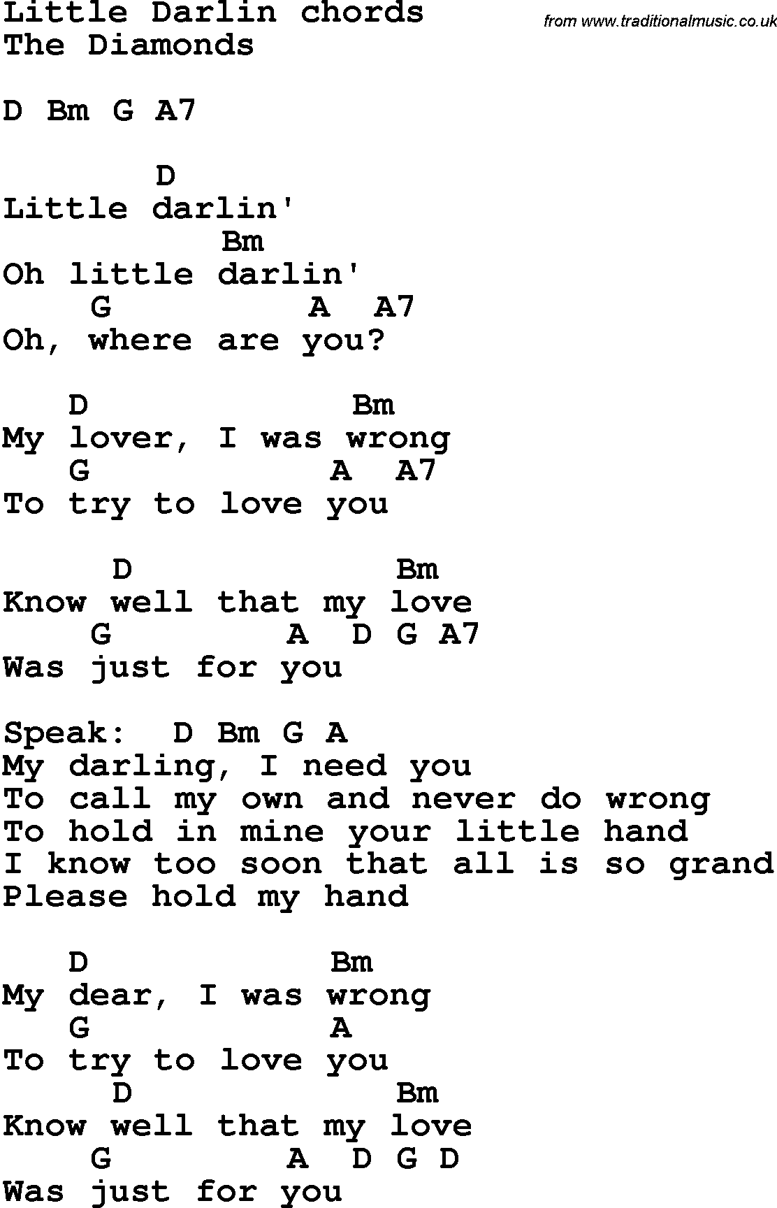 Song Lyrics with guitar chords for Little Darlin