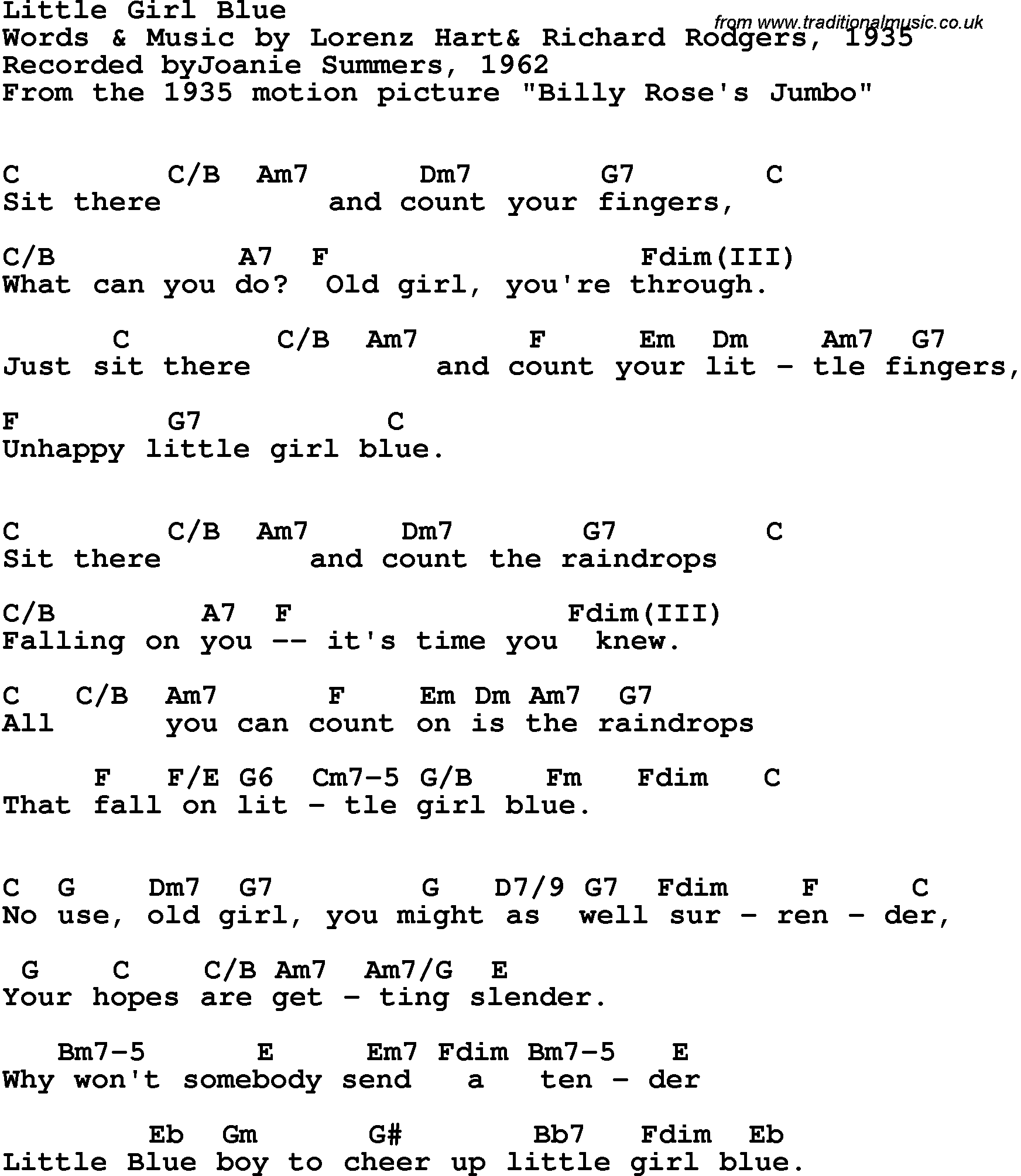 Song Lyrics with guitar chords for Little Girl Blue - Joanie Sommers, 1962