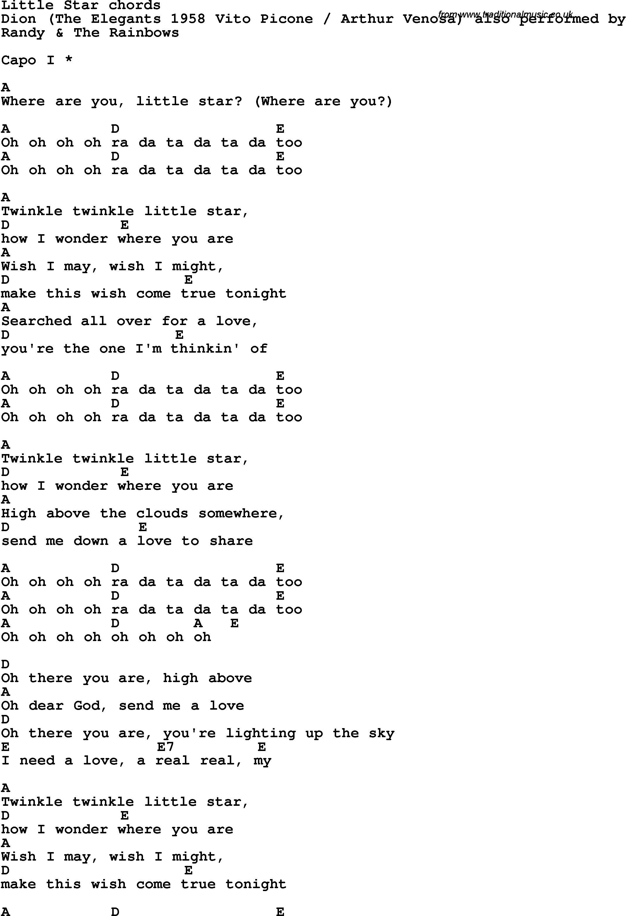 Song Lyrics with guitar chords for Little Star