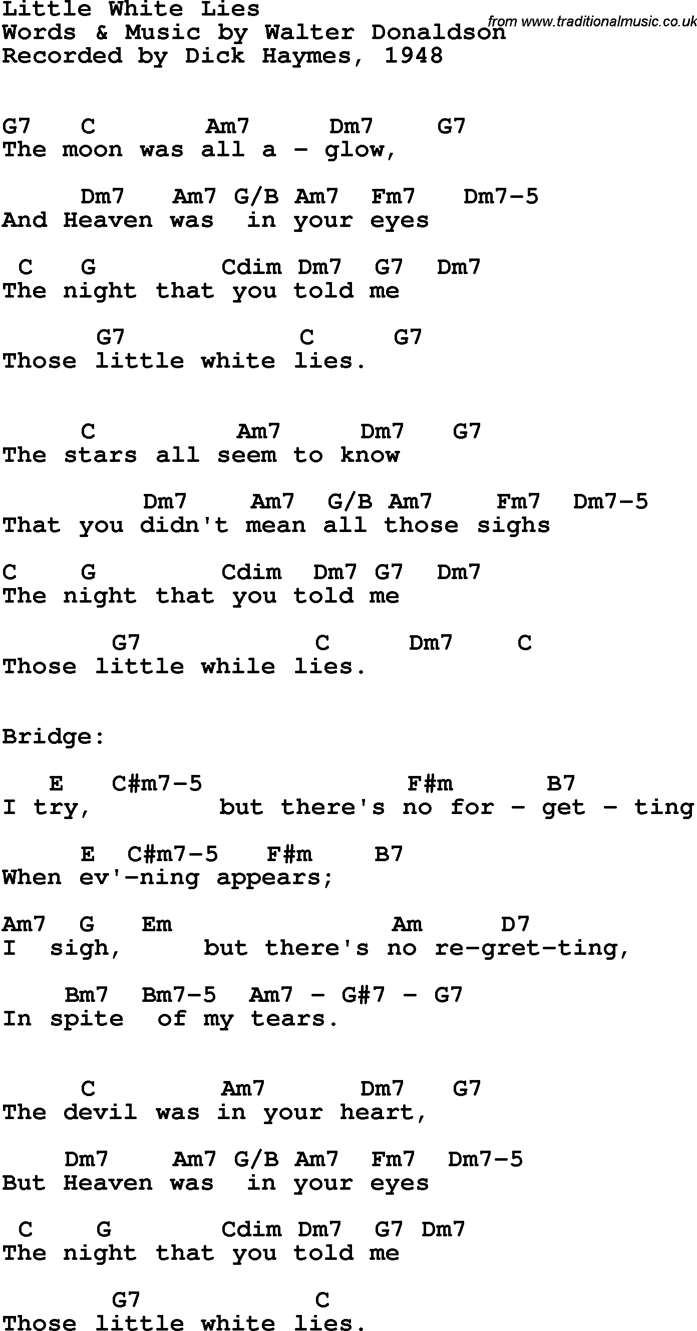 Song Lyrics with guitar chords for Little White Lies - Dick Haymes, 1948