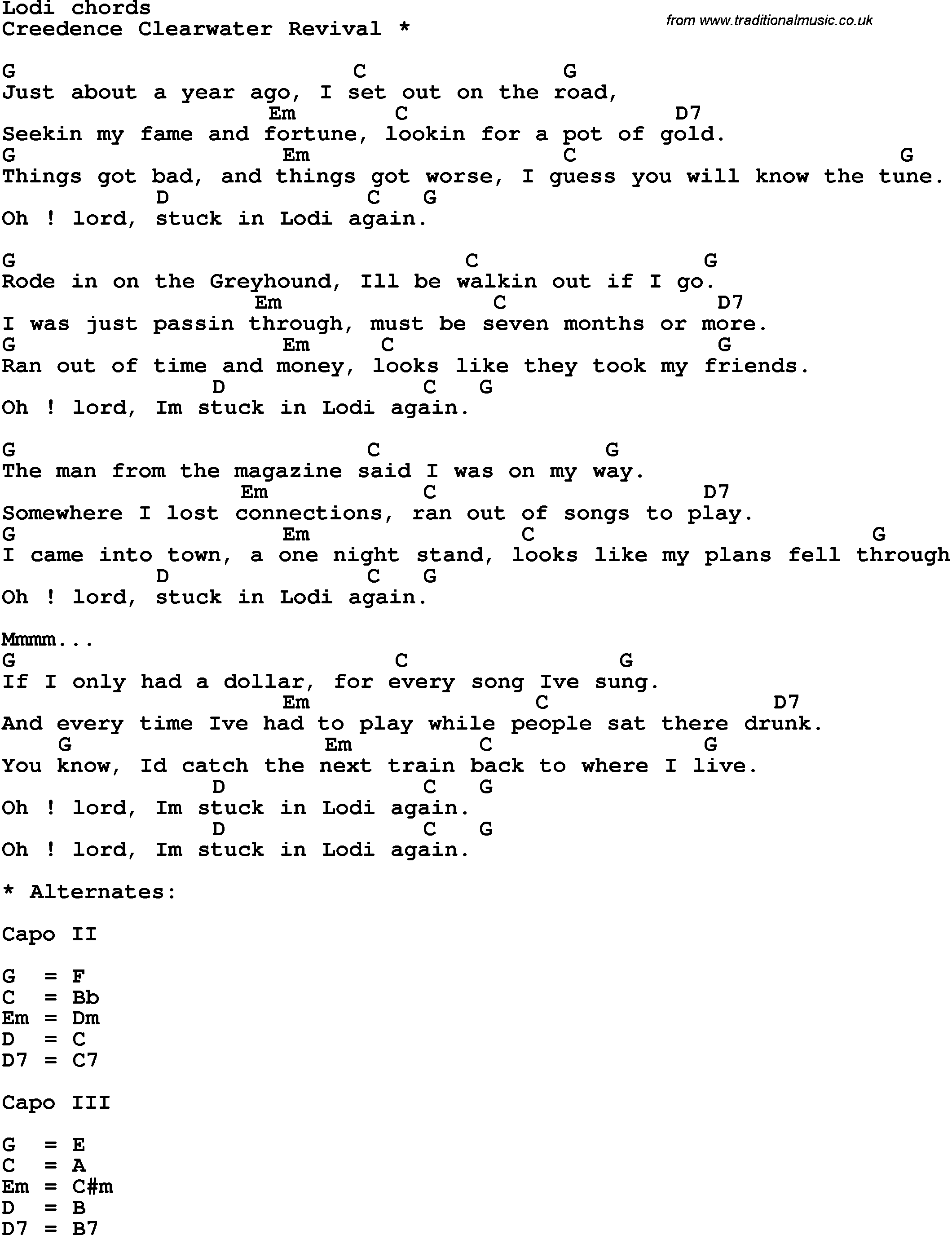 Song Lyrics with guitar chords for Lodi - Creedence Clearwater Revival