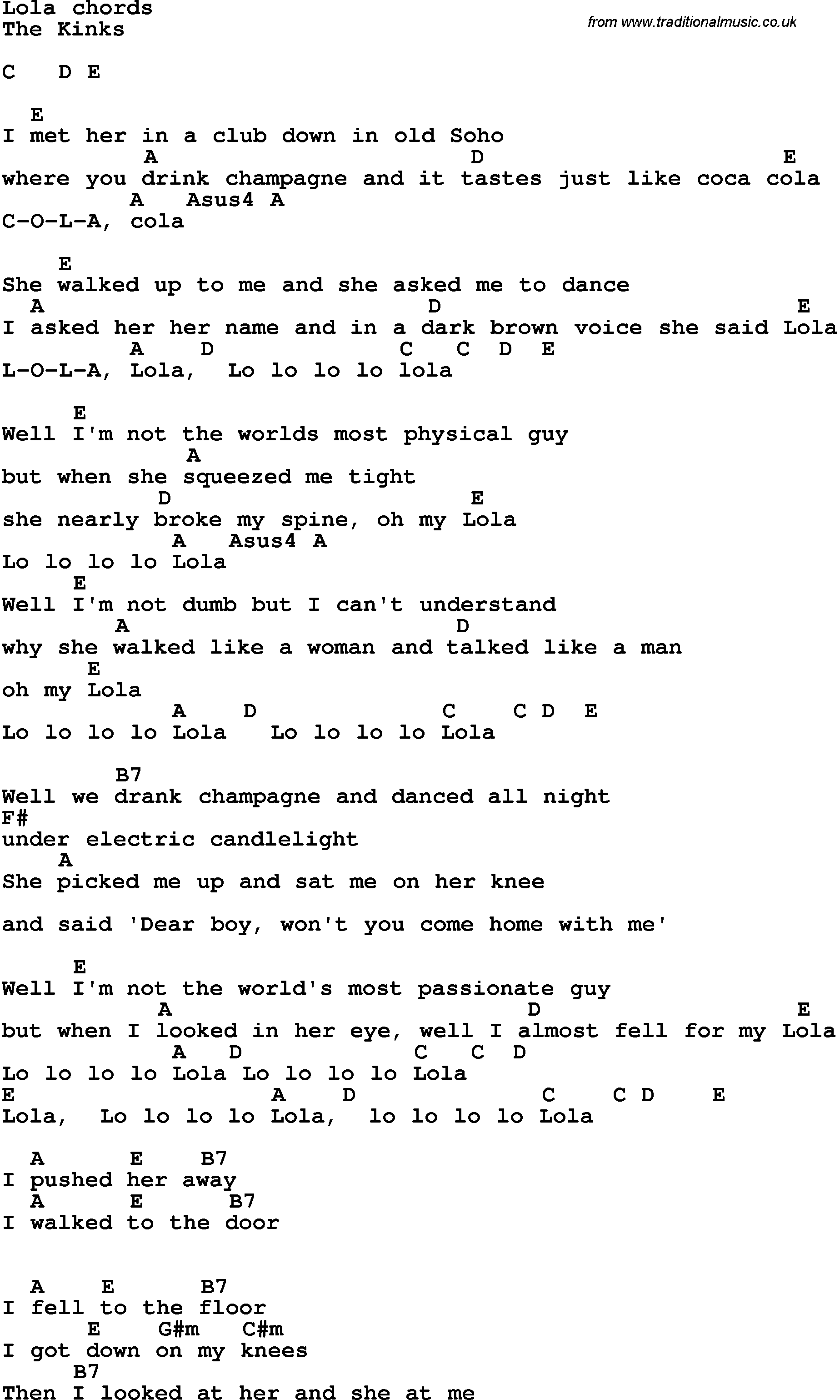 Song Lyrics with guitar chords for Lola