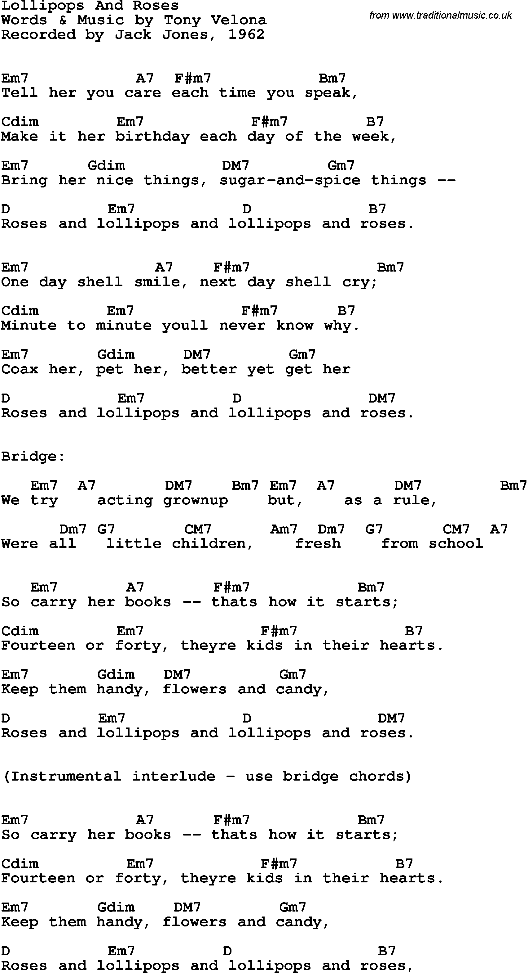 Song Lyrics with guitar chords for Lollipops And Roses - Jack Jones, 1962