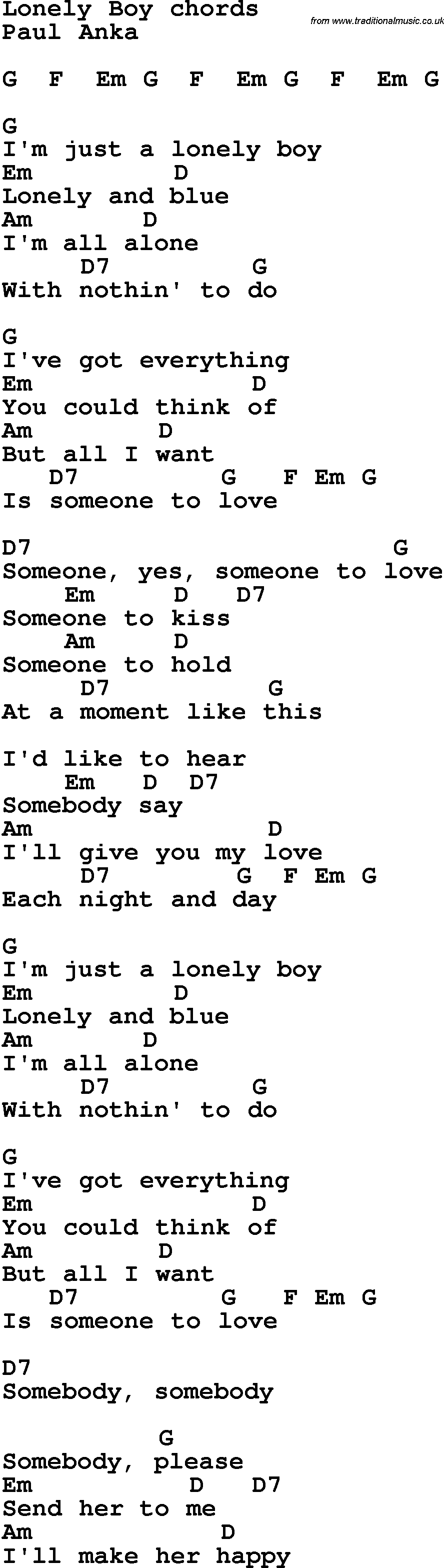 Song Lyrics with guitar chords for Lonely Boy