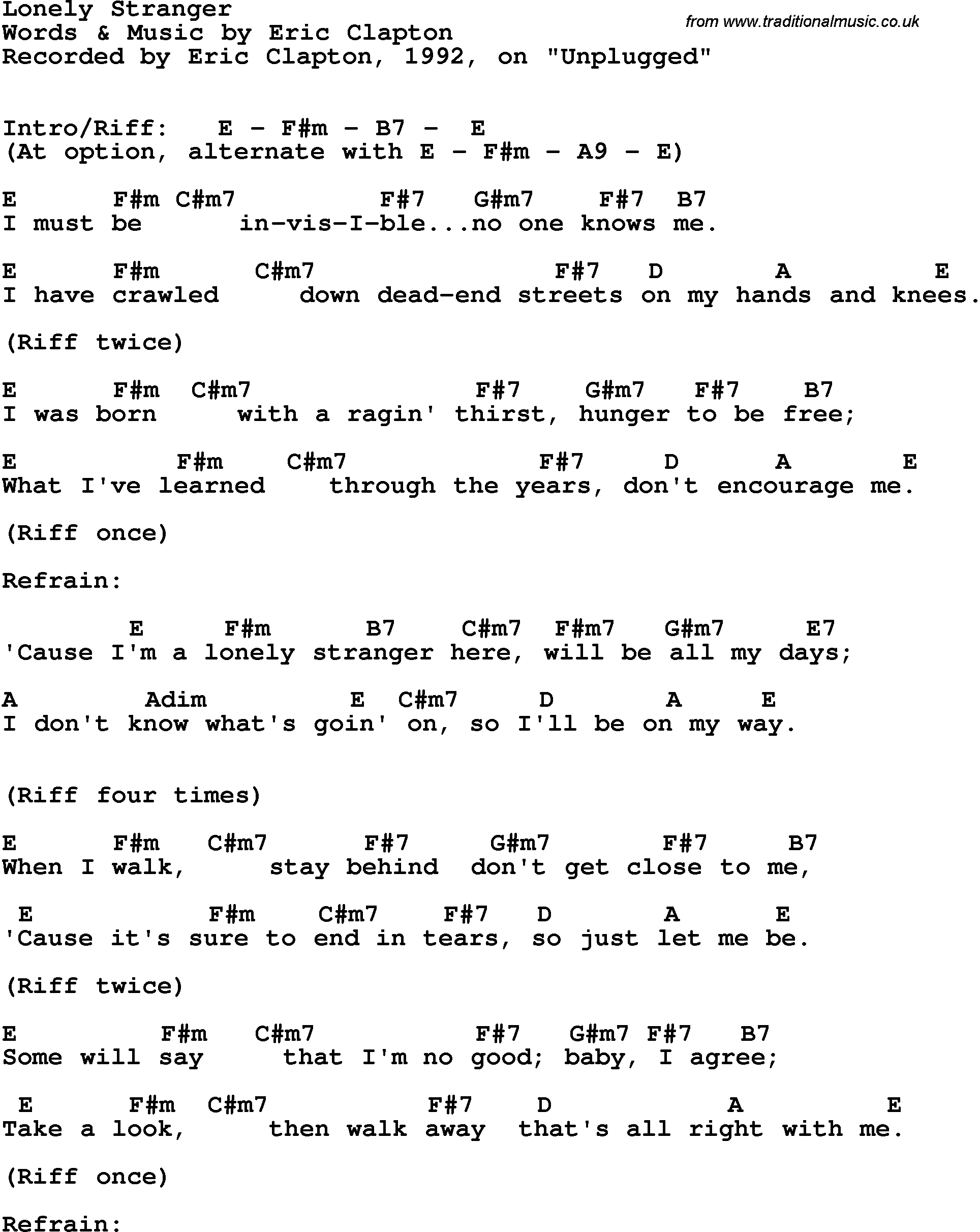 Song Lyrics with guitar chords for Lonely Stranger - Eric Clapton, 1992