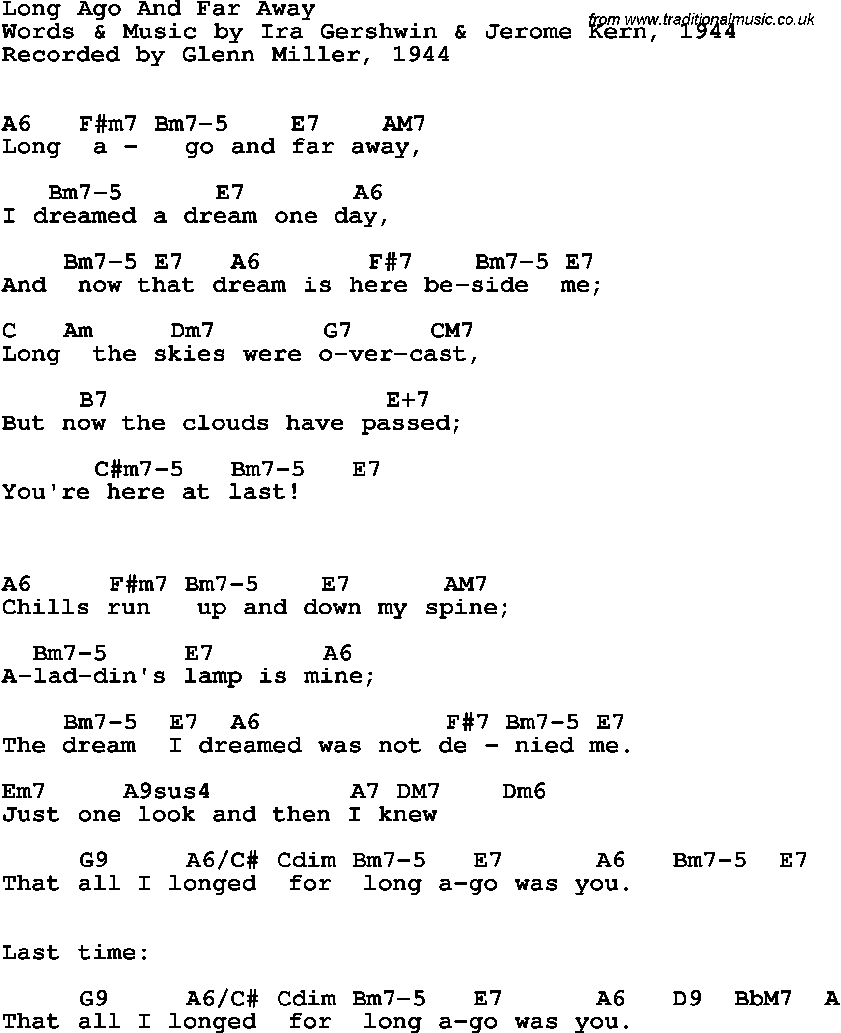Song Lyrics with guitar chords for Long Ago And Far Away - Glenn Miller, 1944