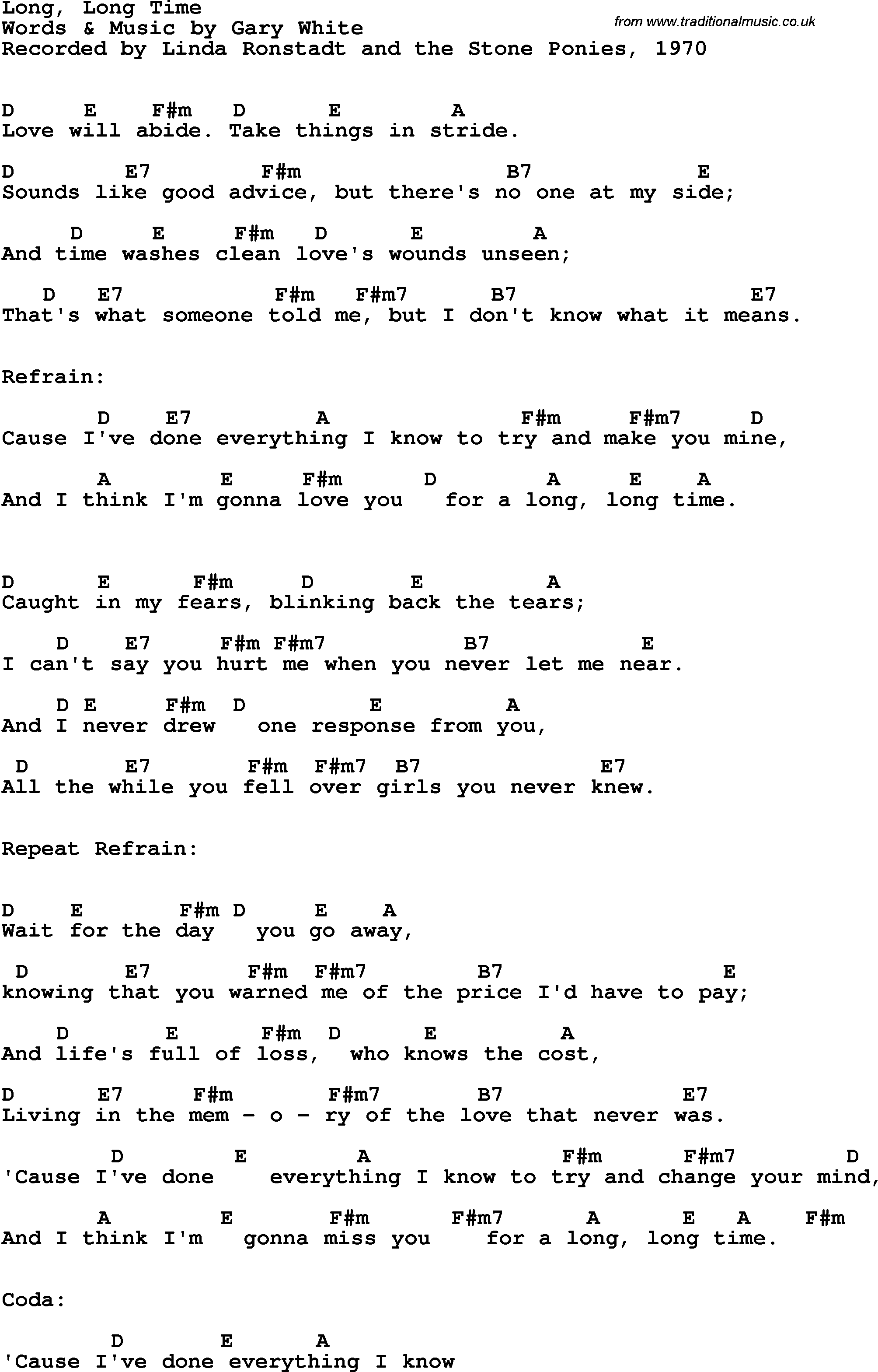 Song Lyrics with guitar chords for Long, Long Time - Linda Ronstadt, 1970